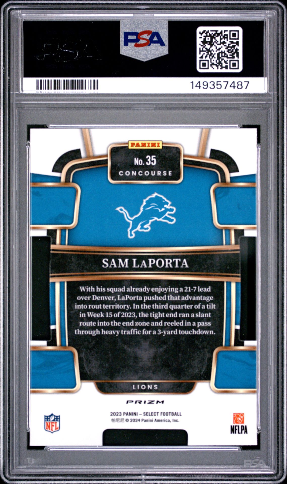 2023 Panini Select Sam Laporta #35 (Die-Cut Black & Red Prizm) Mint 9 back