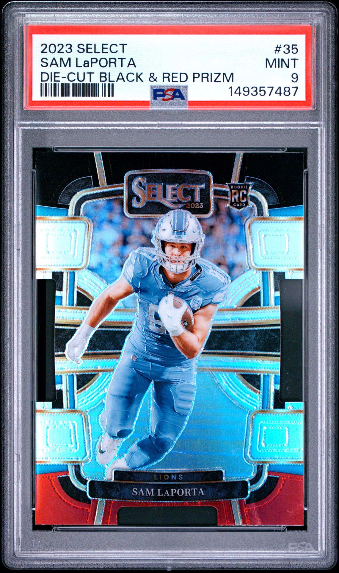 2023 Panini Select Sam Laporta #35 (Die-Cut Black & Red Prizm) Mint 9 front