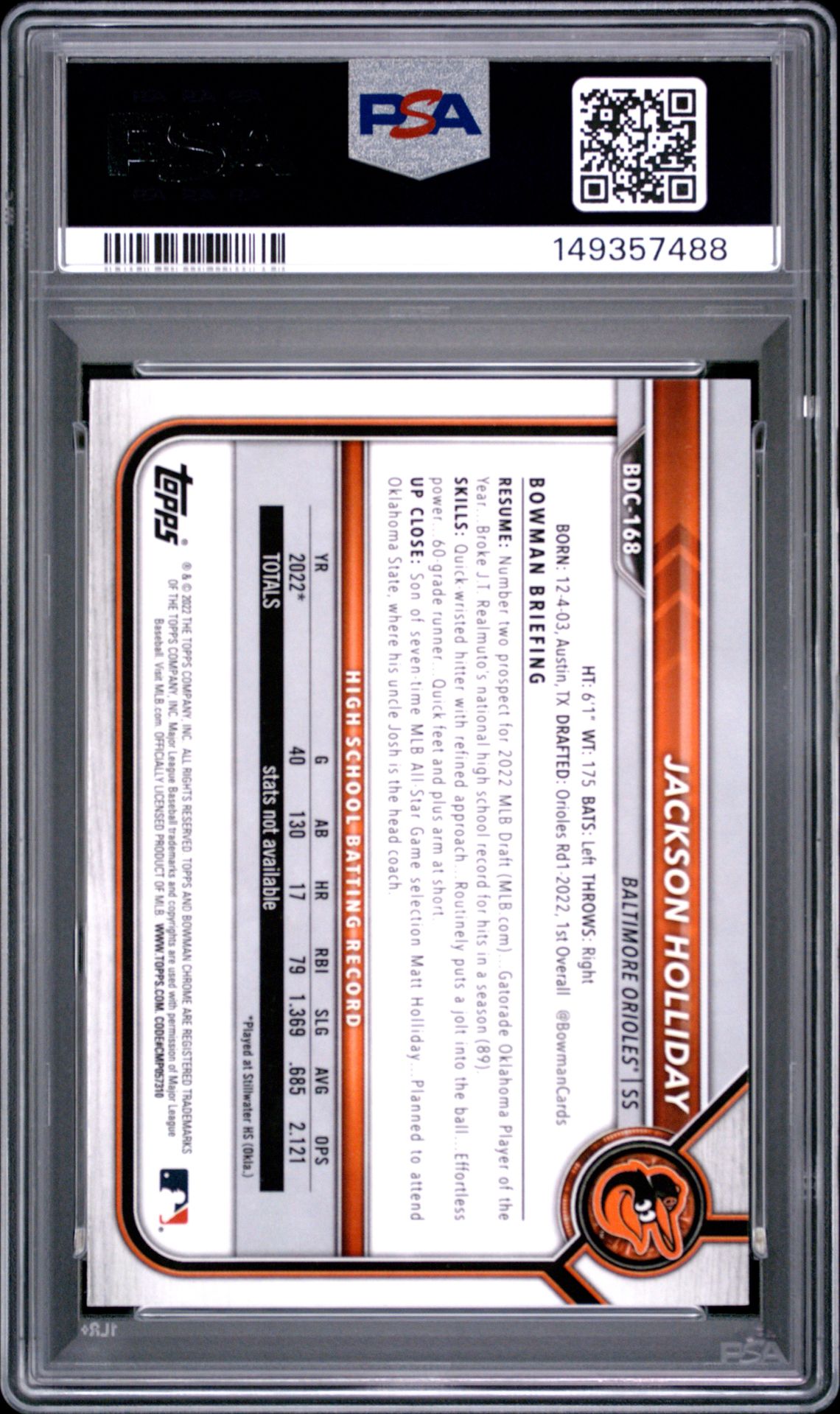 2022 Bowman Draft Jackson Holliday #Bdc168 (Chrome) Gem Mt 10 back