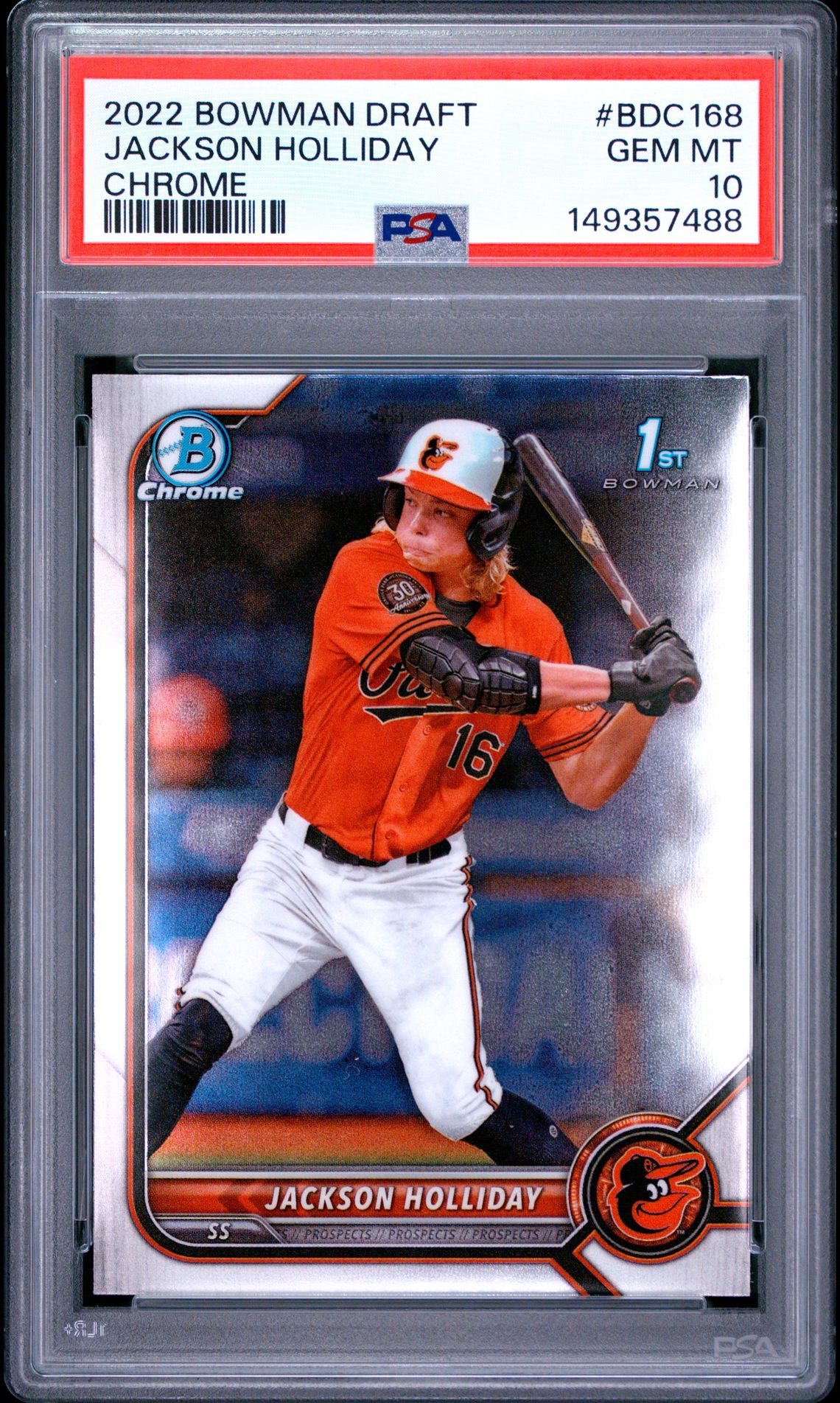 2022 Bowman Draft Jackson Holliday #Bdc168 (Chrome) Gem Mt 10 front