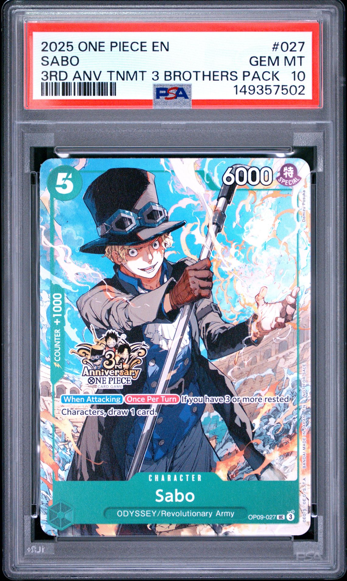 2025 One Piece 3Rd Anniversary Tournament 3 Brothers Pack Sabo #027 Gem Mt 10 front view - PSA graded GEM MT 10