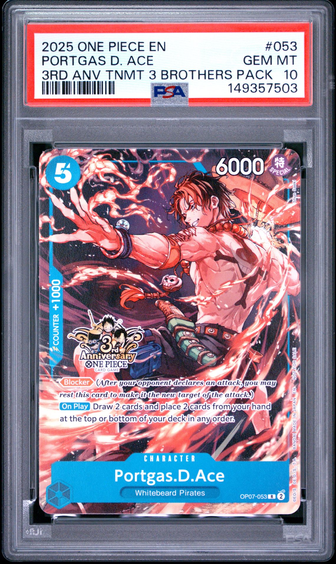 2025 One Piece 3Rd Anniversary Tournament 3 Brothers Pack Portgas D. Ace #053 Gem Mt 10 front view - PSA graded GEM MT 10
