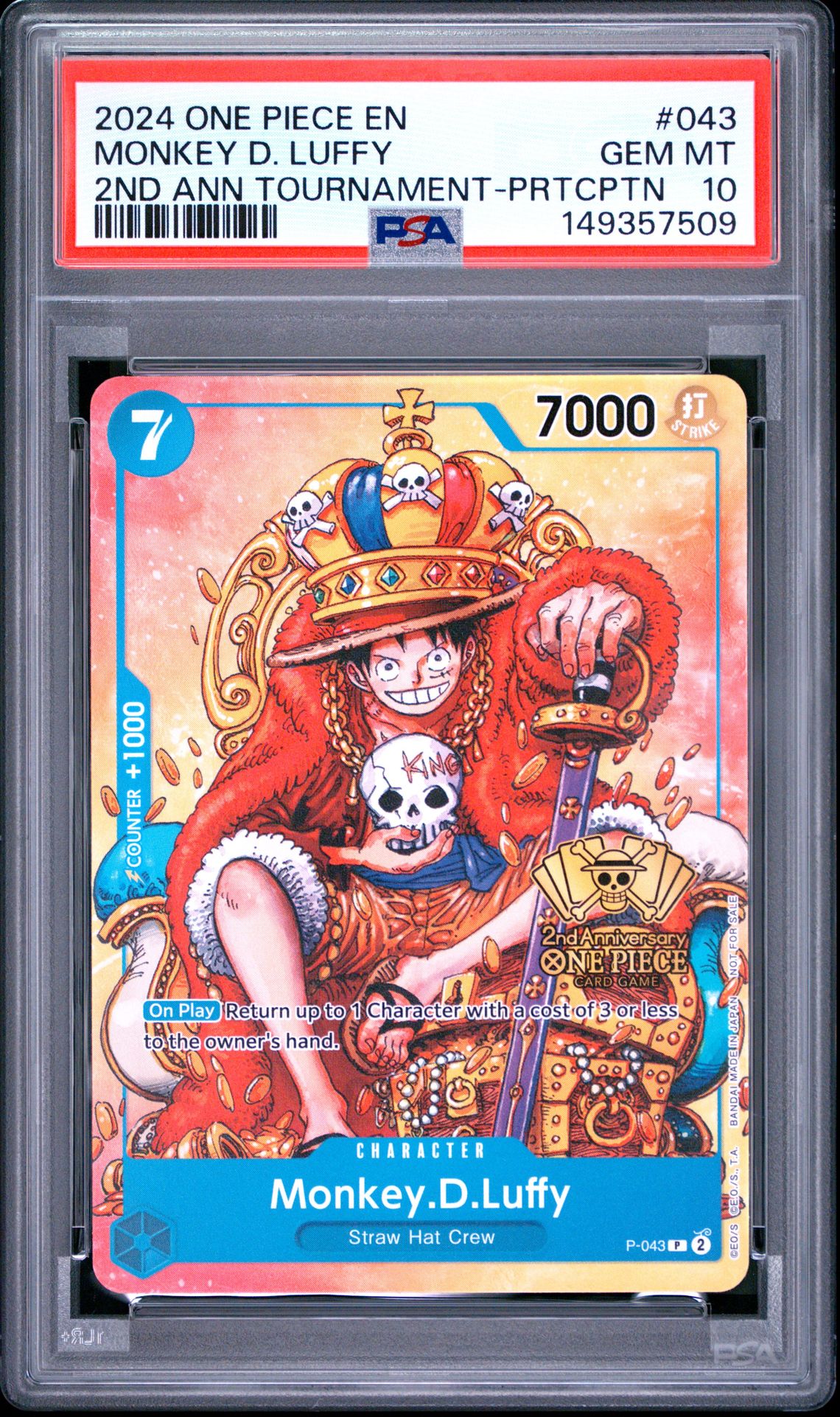 2024 One Piece Promos Monkey D. Luffy #043 (2Nd Ann Tournament-Prtcptn) Gem Mt 10 front view - PSA graded GEM MT 10