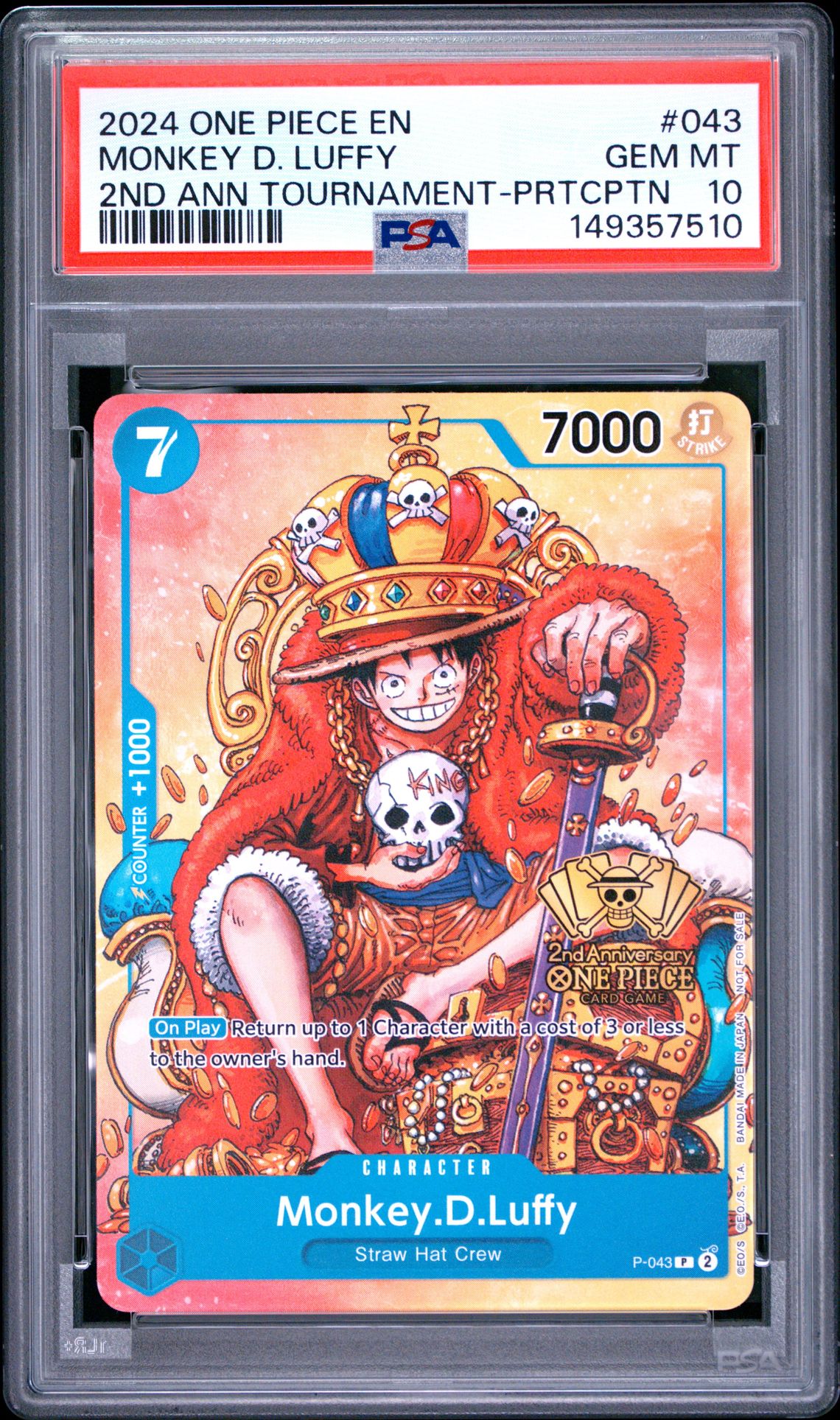 2024 One Piece Promos Monkey D. Luffy #043 (2Nd Ann Tournament-Prtcptn) Gem Mt 10 front