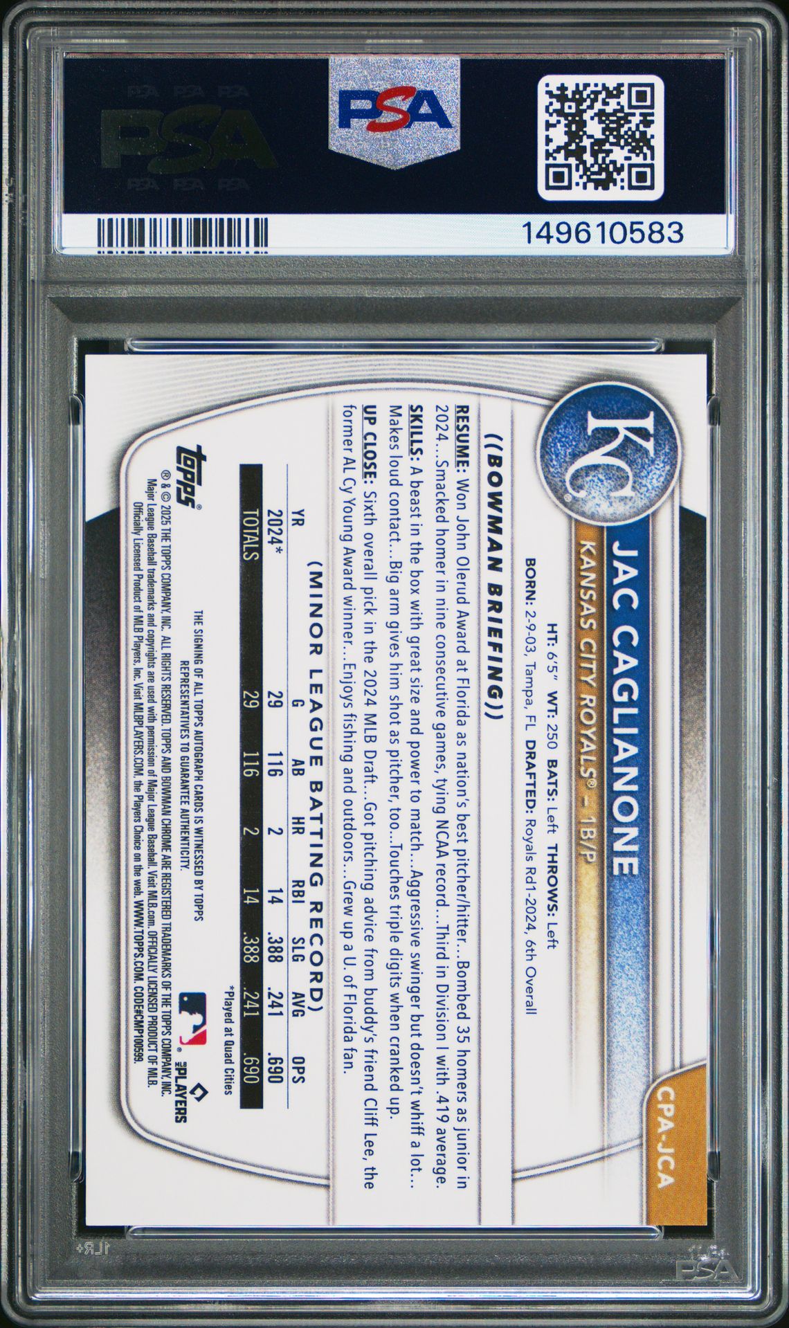 2025 Bowman Chrome Prospect Autographs Jac Caglianone #Cpajca (Chr Pros Au-Hta Choice Ref) Gem Mt 10 back view - PSA certificate #149610583