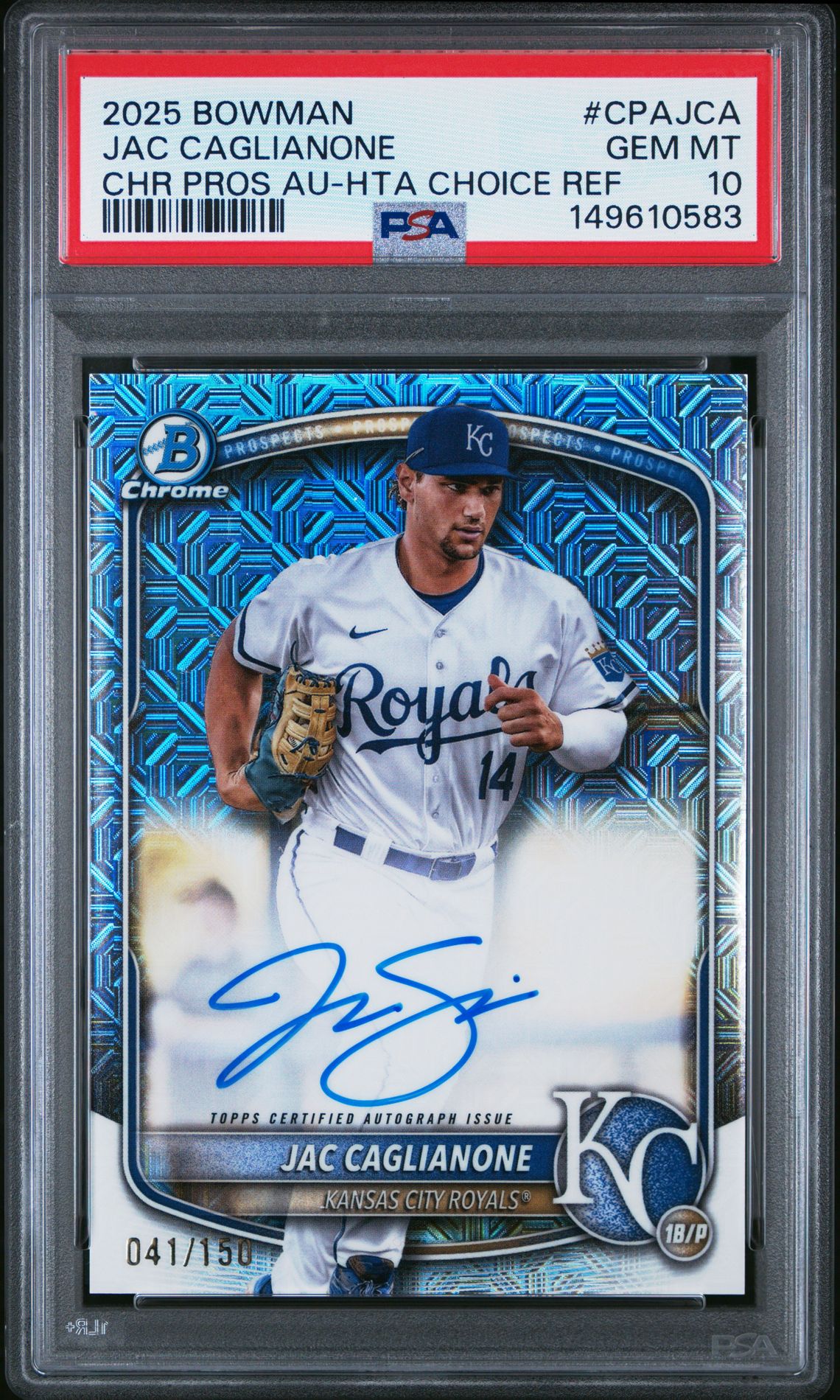 2025 Bowman Chrome Prospect Autographs Jac Caglianone #Cpajca (Chr Pros Au-Hta Choice Ref) Gem Mt 10 front view - PSA graded GEM MT 10