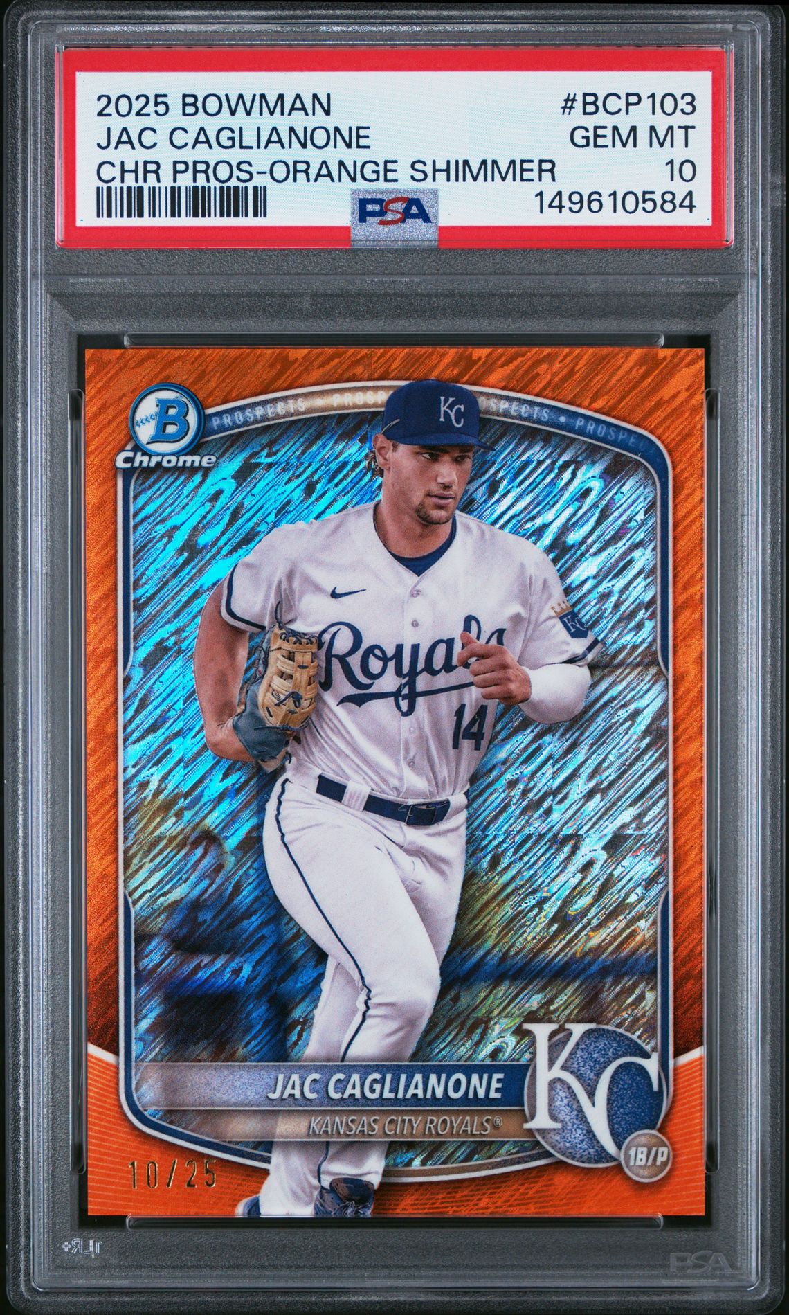 2025 Bowman Chrome Prospects Jac Caglianone #Bcp103 (Chr Pros-Orange Shimmer) Gem Mt 10 front view - PSA graded GEM MT 10