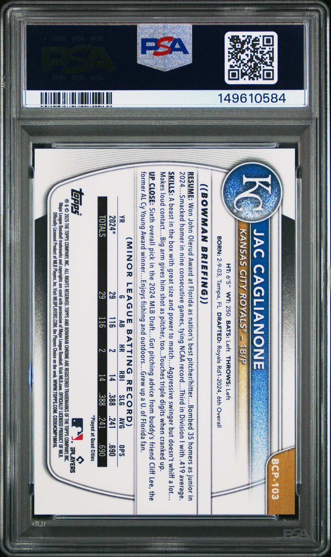 2025 Bowman Chrome Prospects Jac Caglianone #Bcp103 (Chr Pros-Orange Shimmer) Gem Mt 10 back view - PSA certificate #149610584