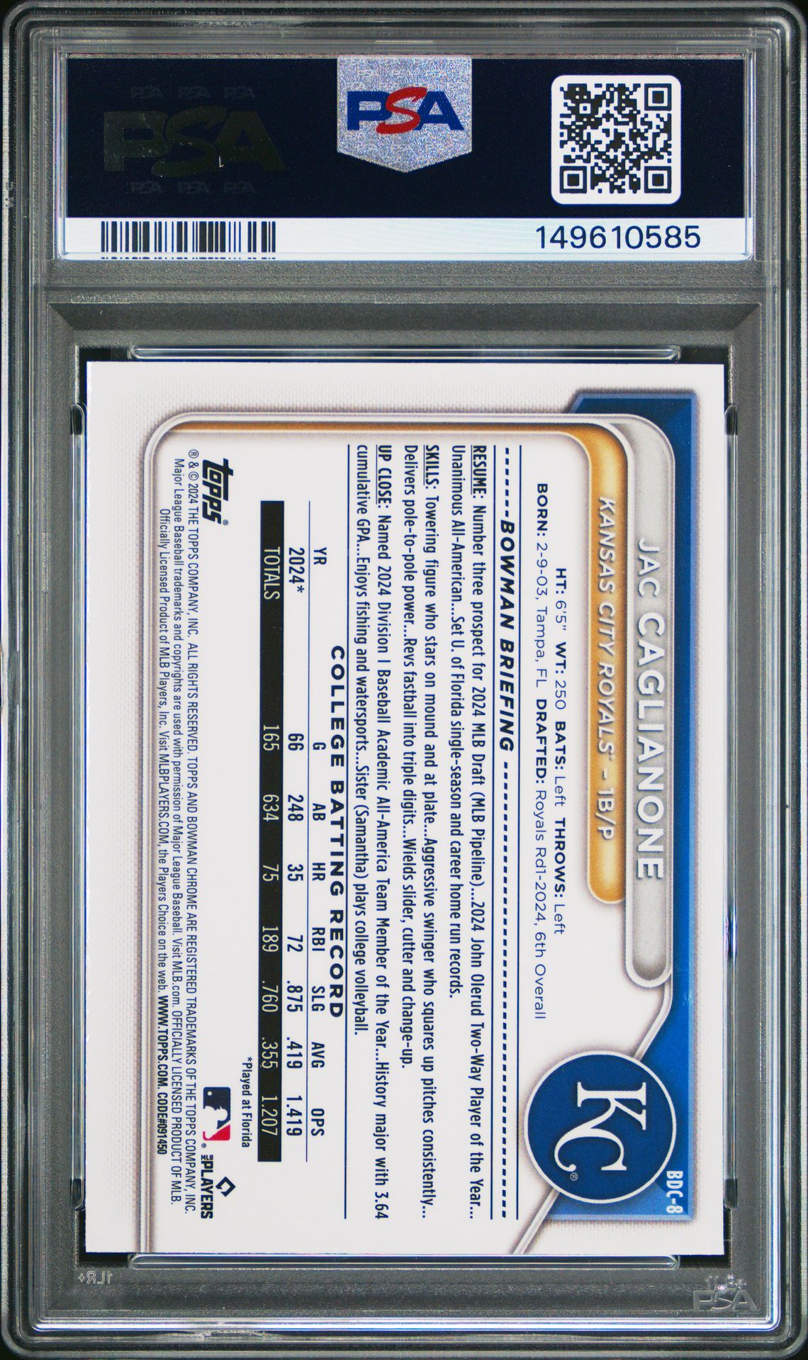 2024 Bowman Draft Sapphire Edition Jac Caglianone #Bdc8 Gem Mt 10 back view - PSA certificate #149610585