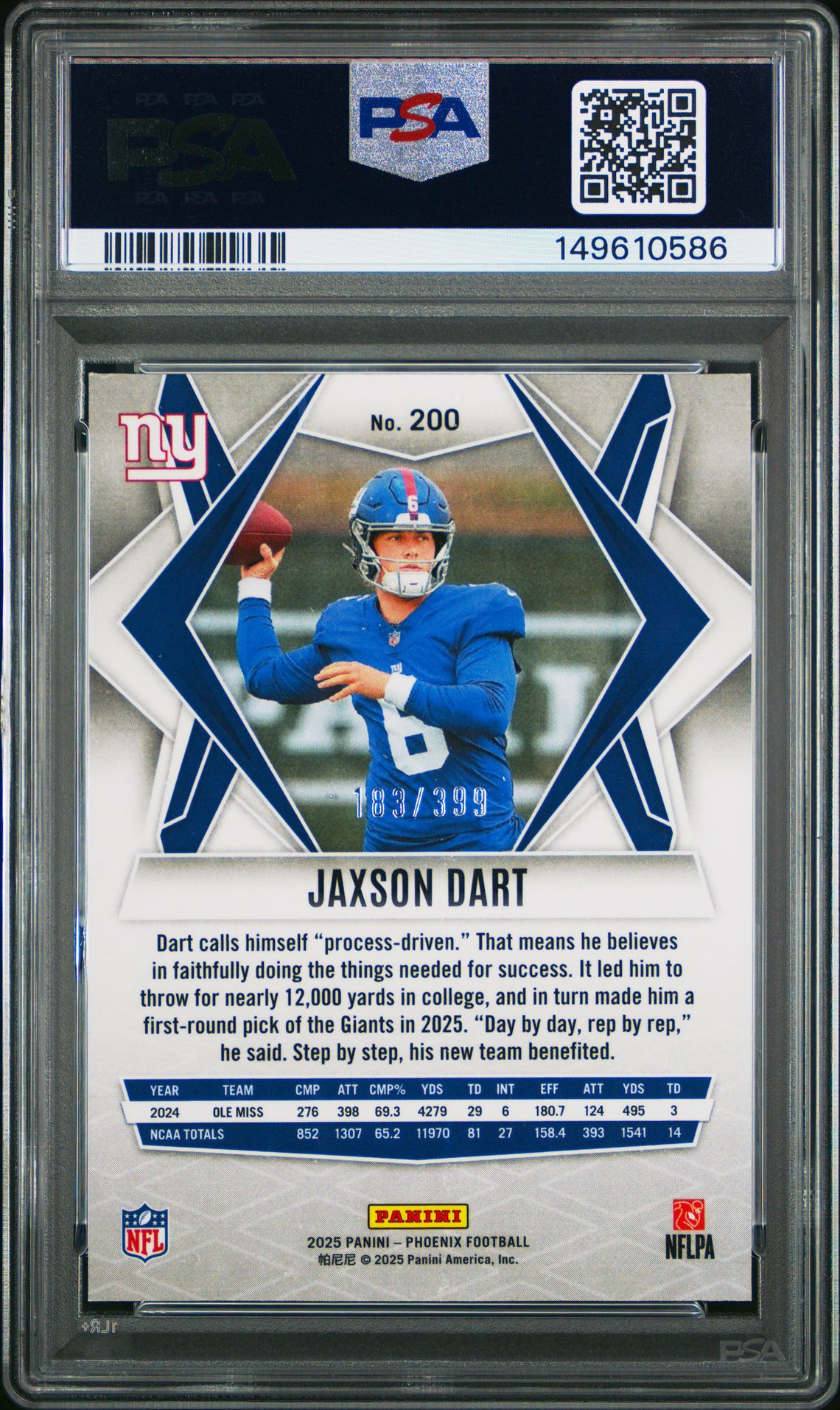 2025 Panini Phoenix Jaxson Dart #200 (Red Hyper) Gem Mt 10 back