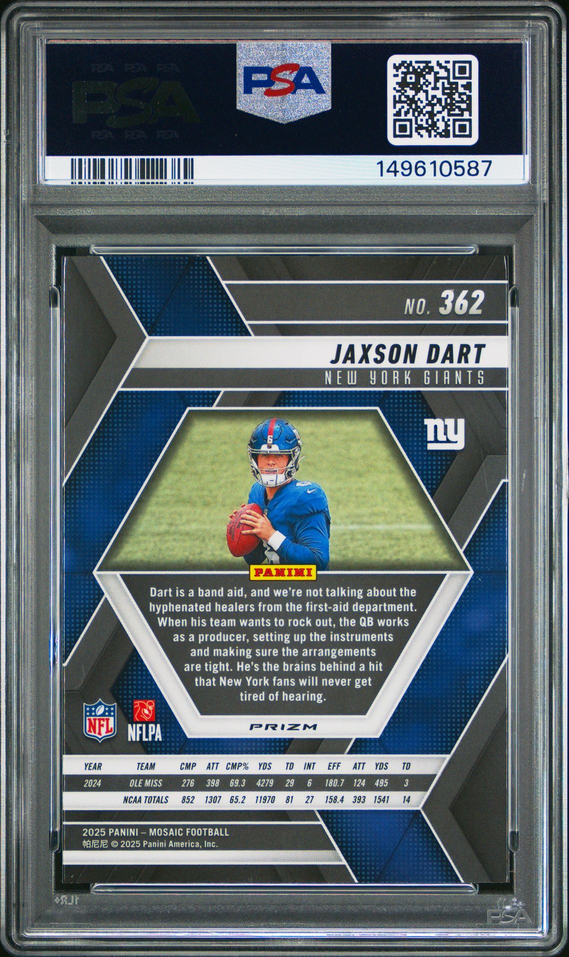 2025 Panini Mosaic Jaxson Dart #362 (Purple Scope) Gem Mt 10 back