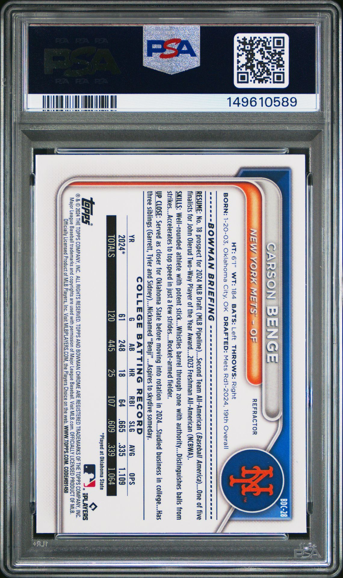 2024 Bowman Draft Carson Benge #Bdc28 (Chrome-Refractor) Nm-Mt 8 back