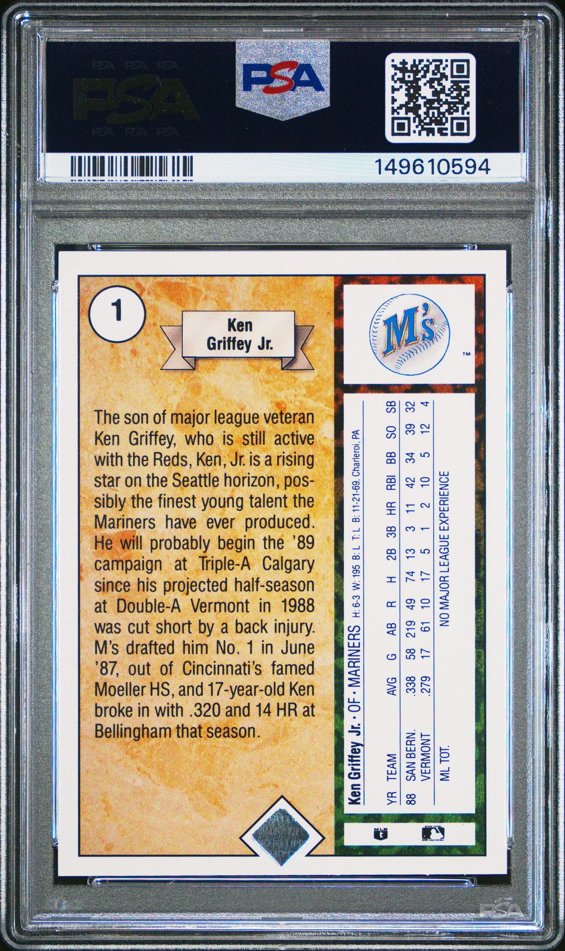 1989 Upper Deck Ken Griffey Jr. #1 (Star Rookie) Ex 5 back