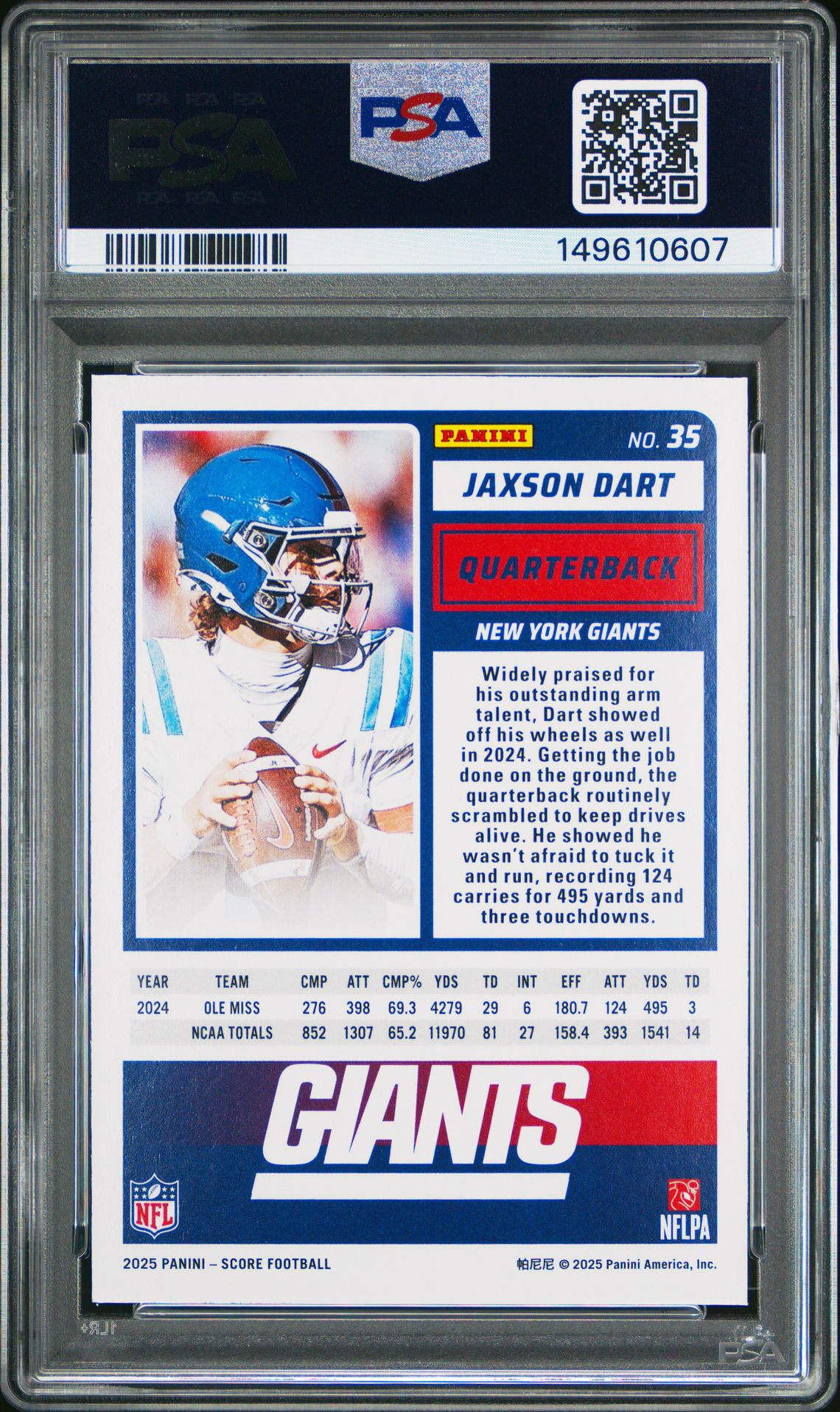 2025 Panini Score Jaxson Dart #35 (Rookie) Gem Mt 10 back