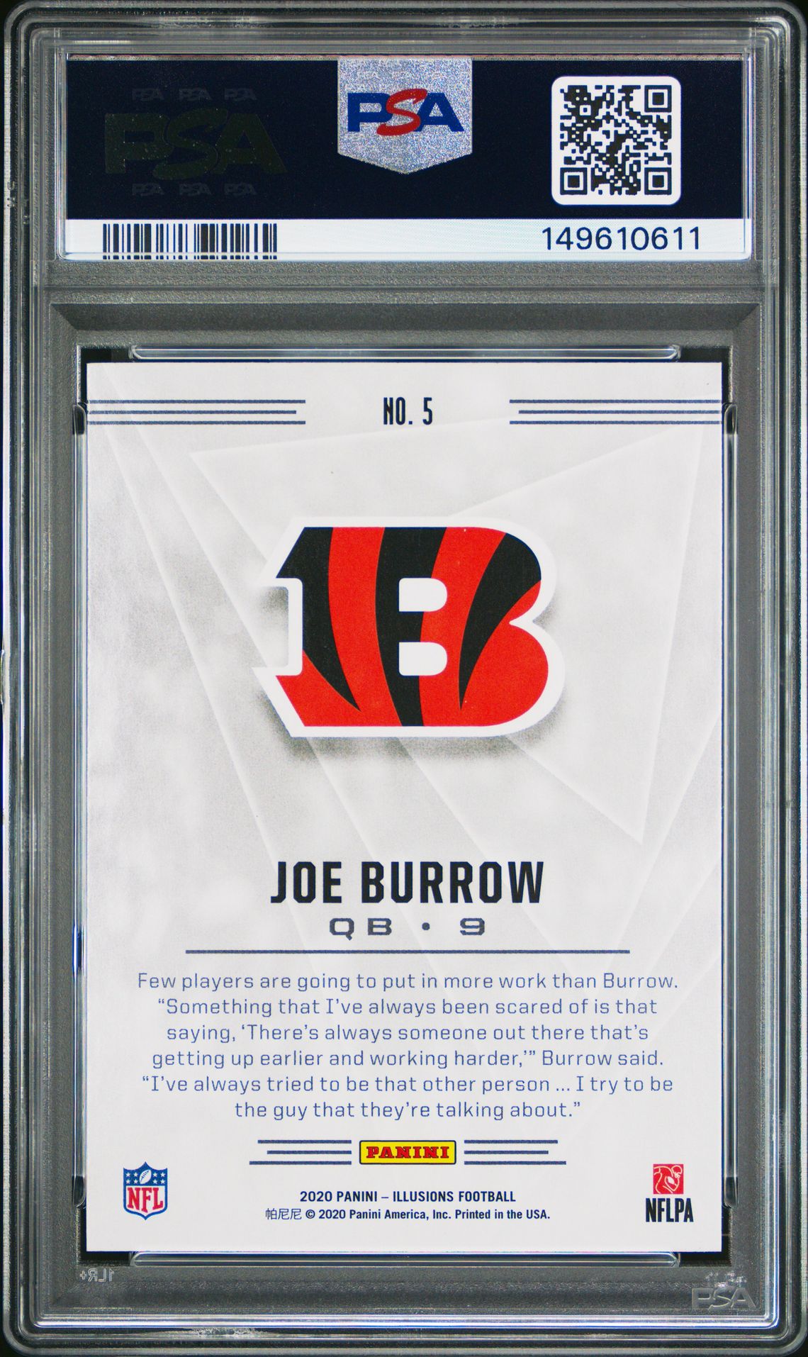 2020 Panini Illusions Joe Burrow #5 (Trophy Collection Orange) Gem Mt 10 back