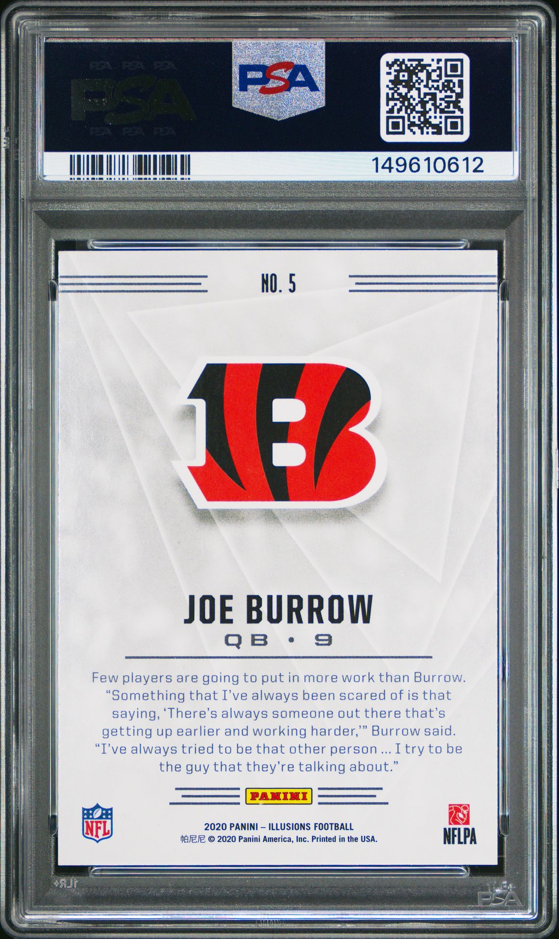 2020 Panini Illusions Joe Burrow #5 (Trophy Collection Sapphire) Gem Mt 10 back