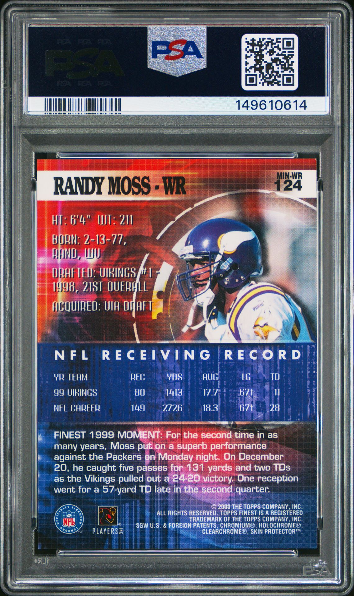2000 Finest Randy Moss #124 Gem Mt 10 back