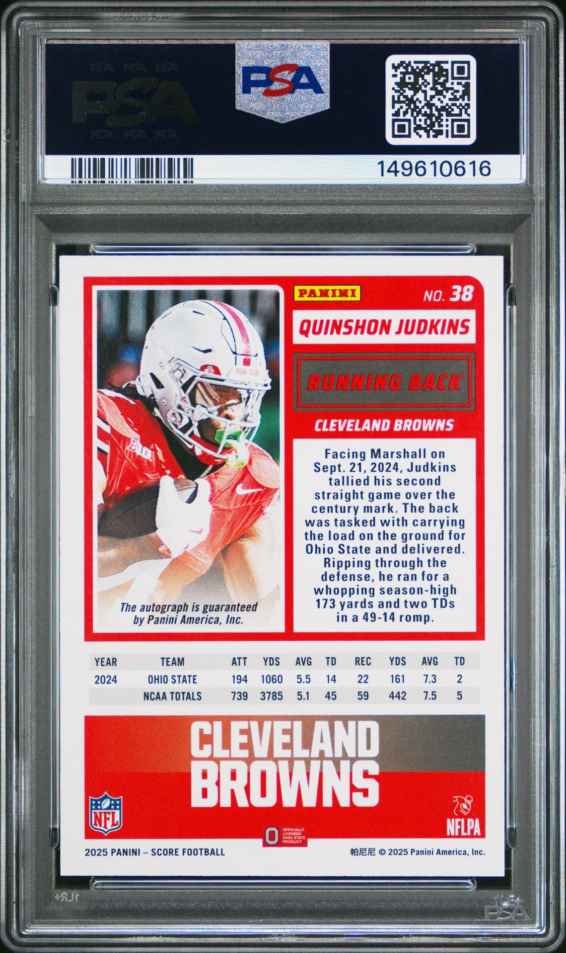 2025 Panini Score Quinshon Judkins #38 (Rookie-Signature) Gem Mt 10 back