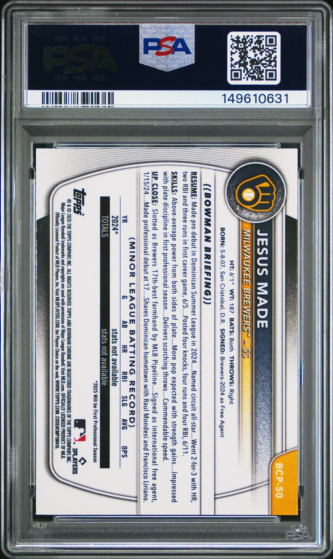 2025 Bowman Chrome Prospects Jesus Made #Bcp50 Mint 9 back