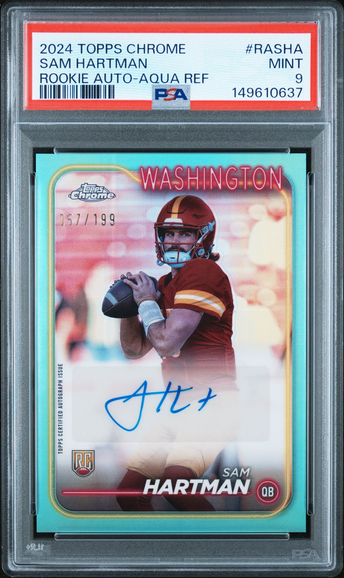 2024 Topps Chrome Rookie Autographs Variations Sam Hartman #Rasha (Rookie Auto-Aqua Ref) Mint 9 front