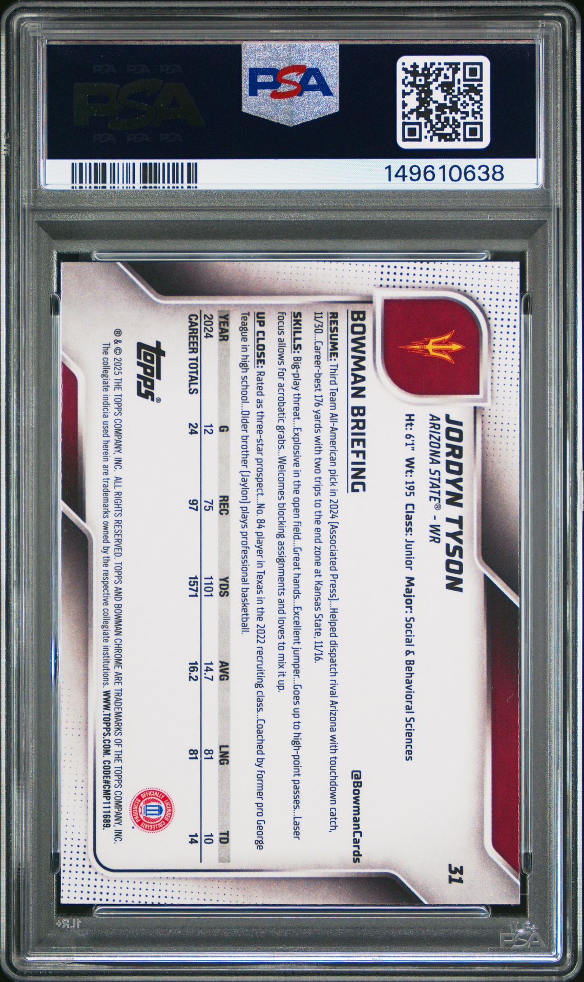 2025 Bowman University Chrome Jordyn Tyson #31 Mint 9 back