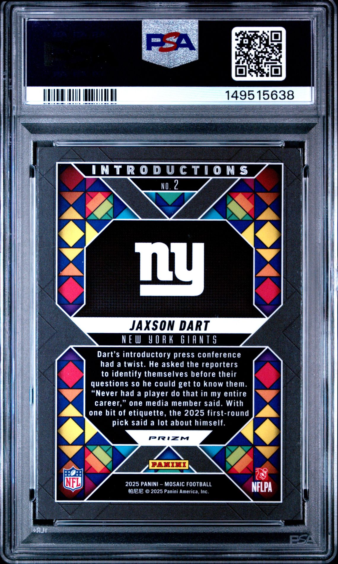2025 Panini Mosaic Introductions Jaxson Dart #2 (Introductions-Mosaic) Mint 9 back