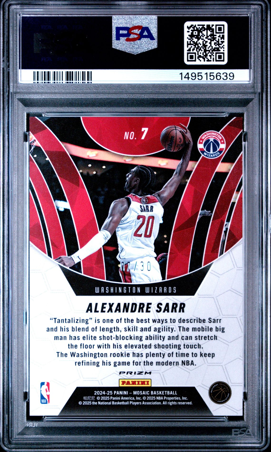 2024 Panini Mosaic Elevate Alexandre Sarr #7 (Elevate-White Fluorescent) Gem Mt 10 back