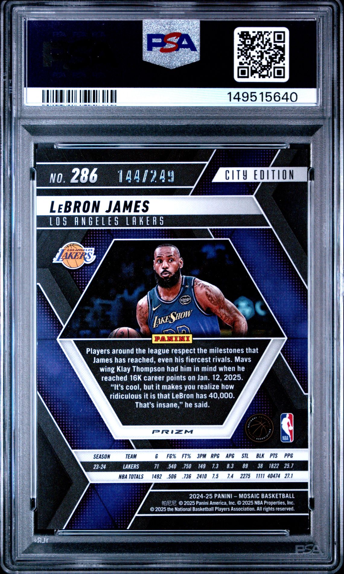 2024 Panini Mosaic Lebron James #286 (Purple Fluorescent) Gem Mt 10 back