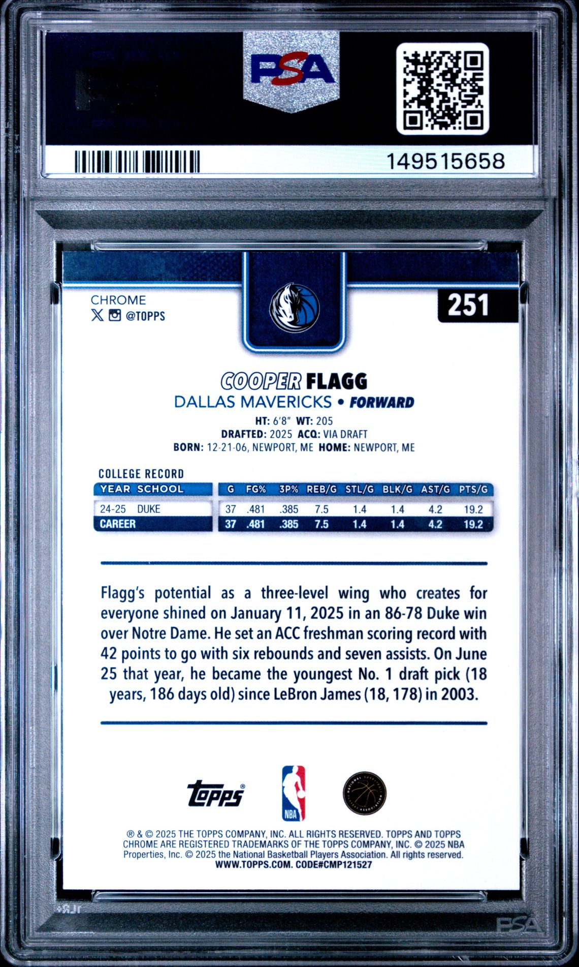 2025 Topps Chrome Cooper Flagg #251 (Red White And Blue Ref) Mint 9 back