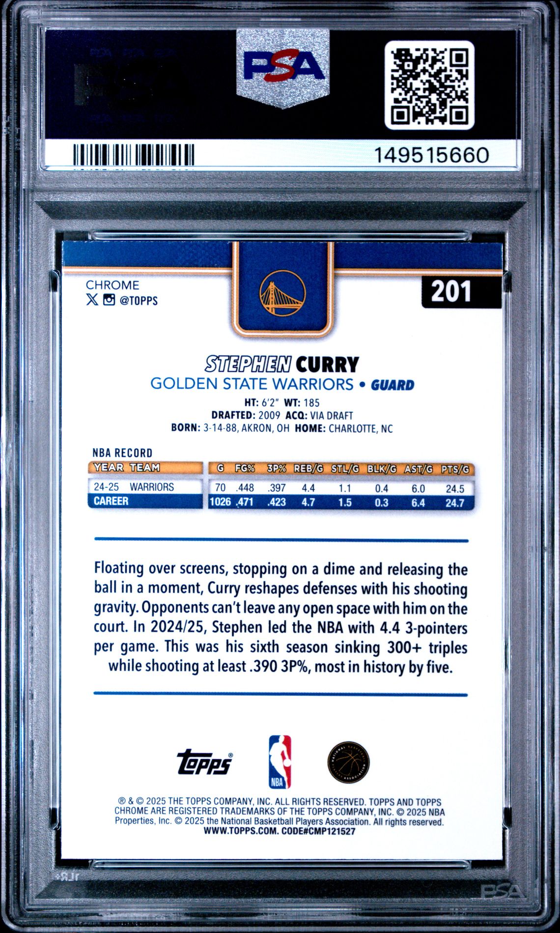 2025 Topps Chrome Stephen Curry #201 (Negative Refractor) Mint 9 back