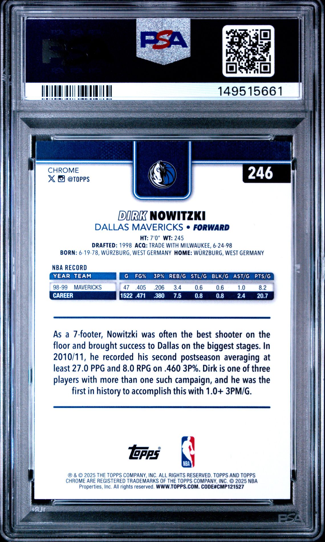 2025 Topps Chrome Dirk Nowitzki #246 (Green Wave) Mint 9 back