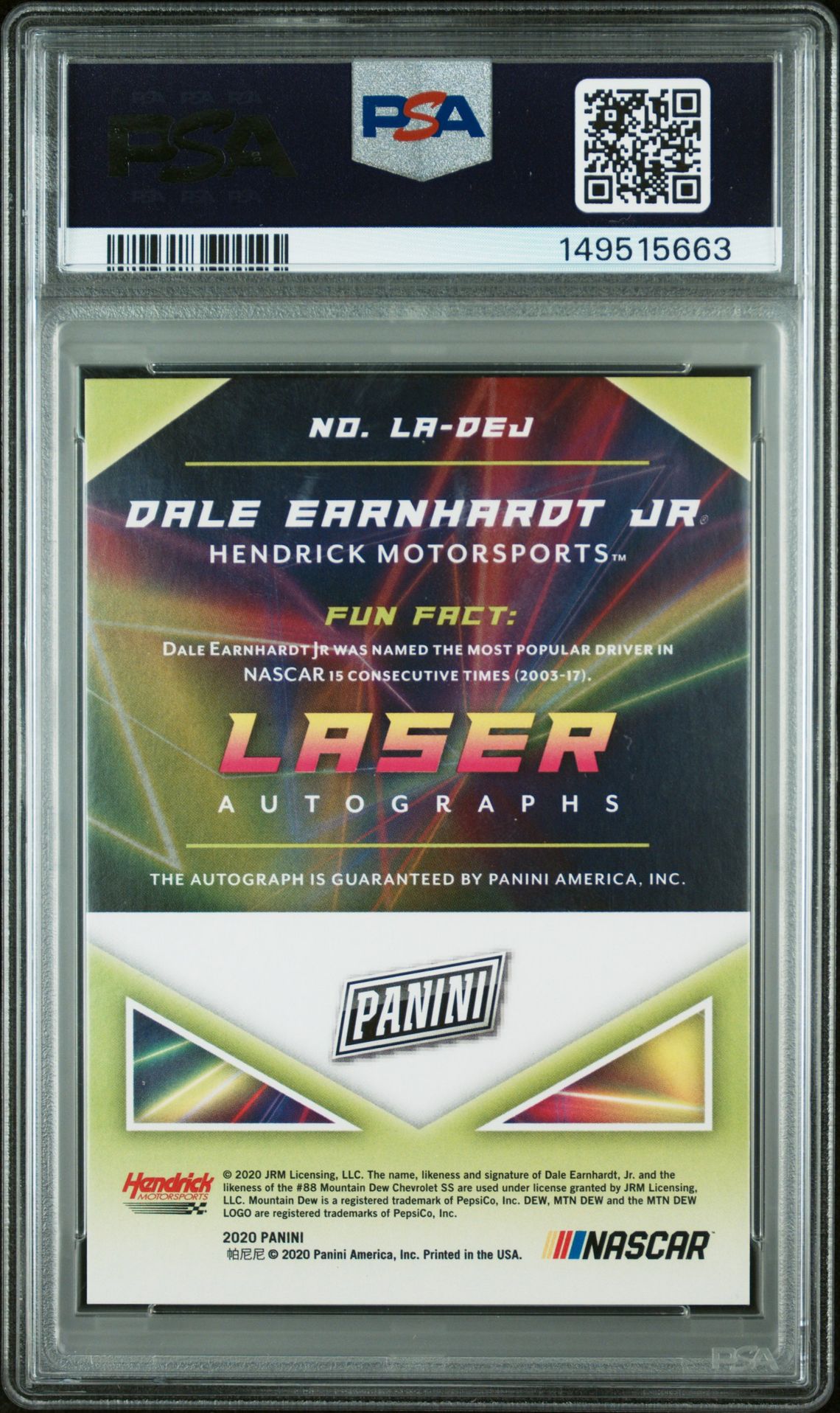 2021 Panini 2019-20 Laser Autographs Dale Earnhardt Jr #Ladej ('19 Laser Auto-Gold) Mint 9 back