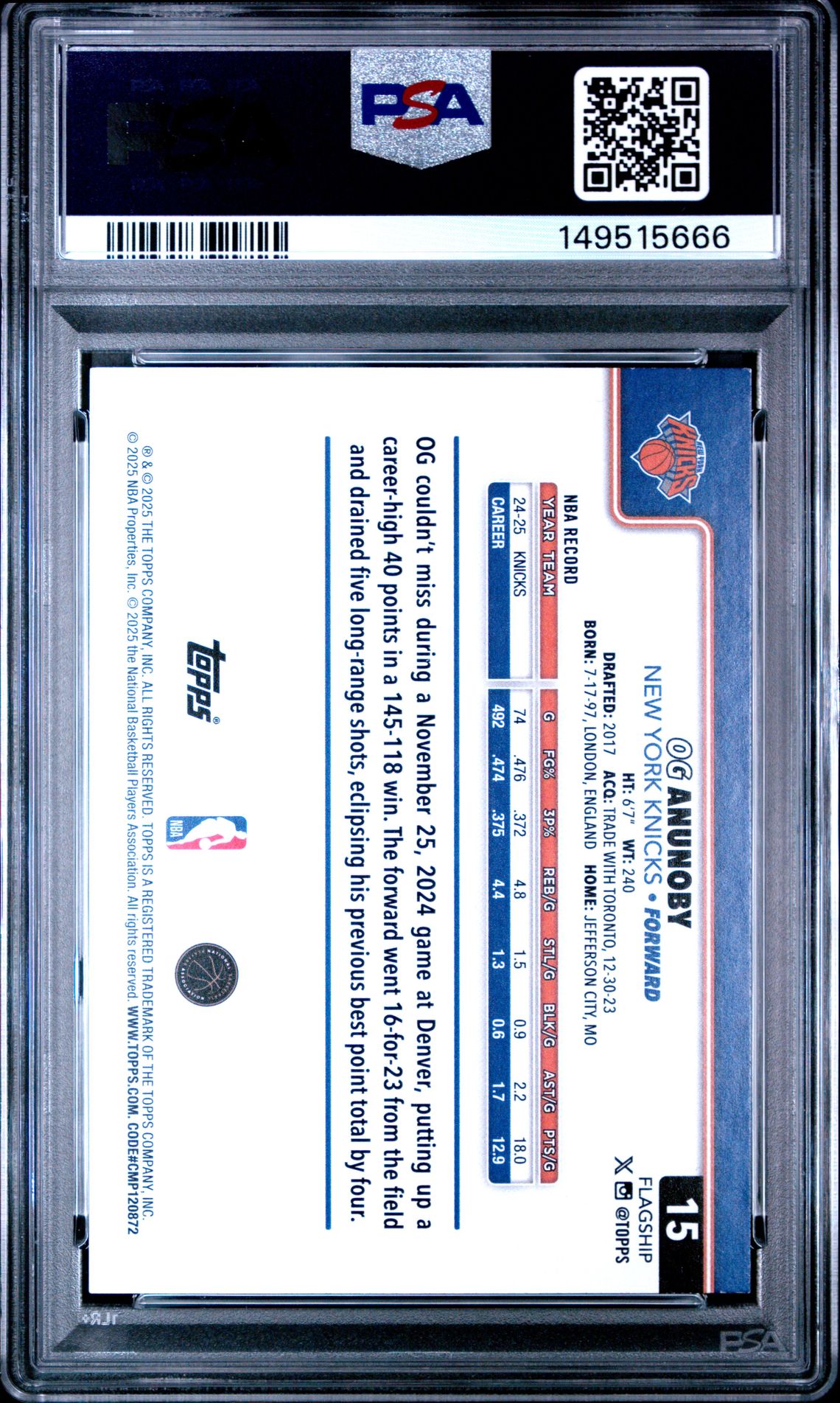 2025 Topps Og Anunoby #15 Mint 9 back