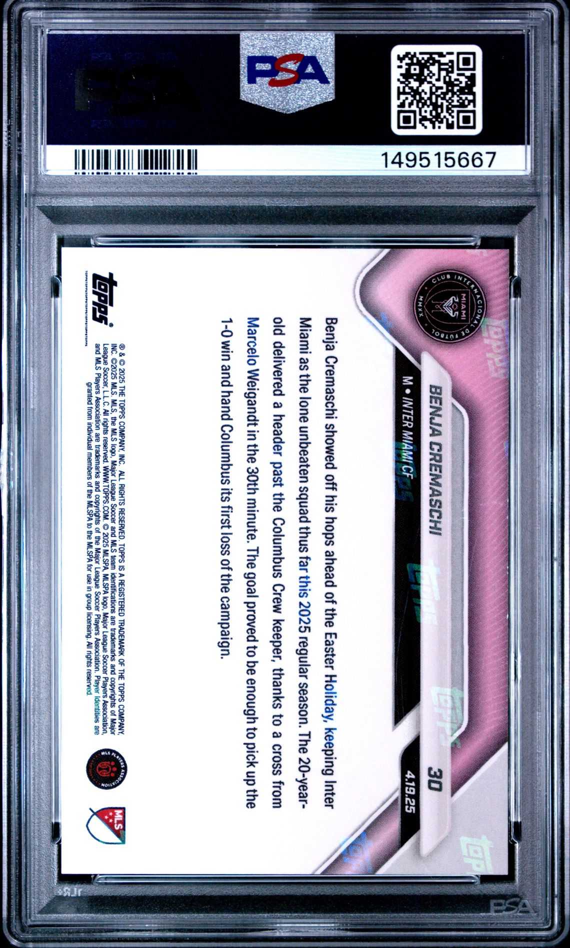 2025 Topps Now Mls Benja Cremaschi #30 (Orange Foil) Gem Mt 10 back