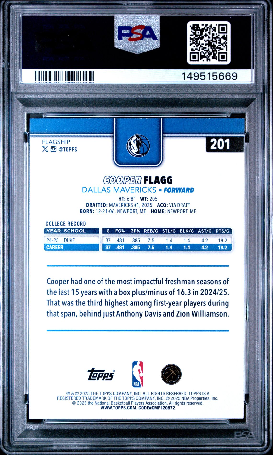 2025 Topps Cooper Flagg #201 Mint 9 back