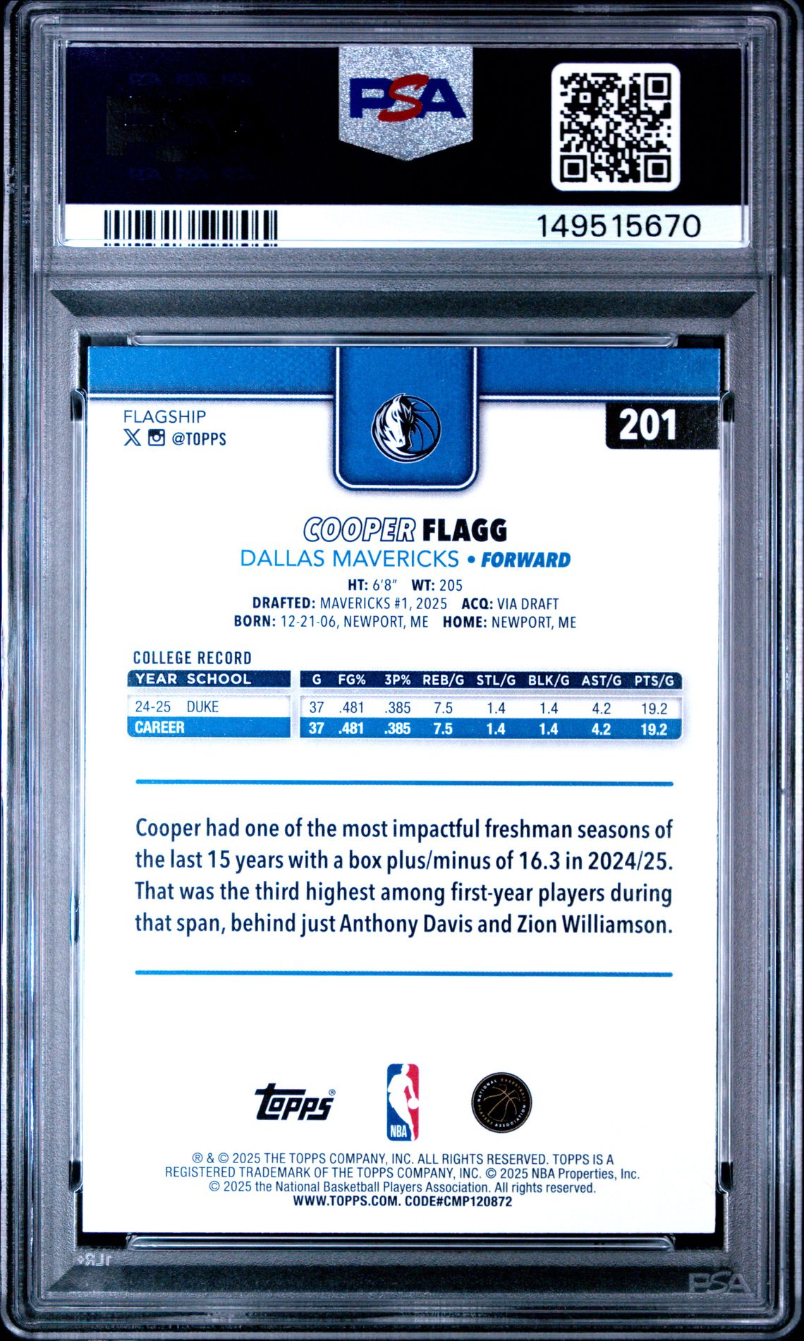 2025 Topps Cooper Flagg #201 Mint 9 back