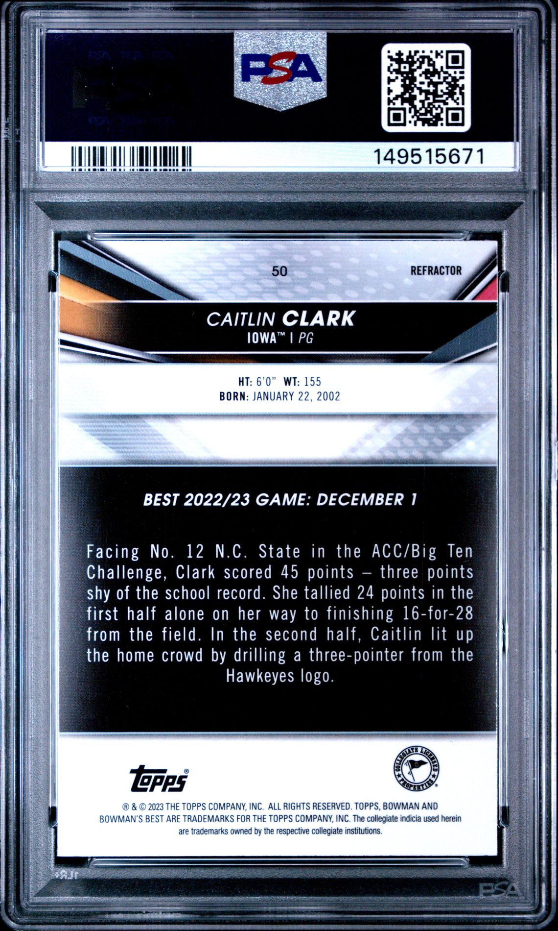 2022 Bowman University Best Caitlin Clark #50 (Refractor) Mint 9 back