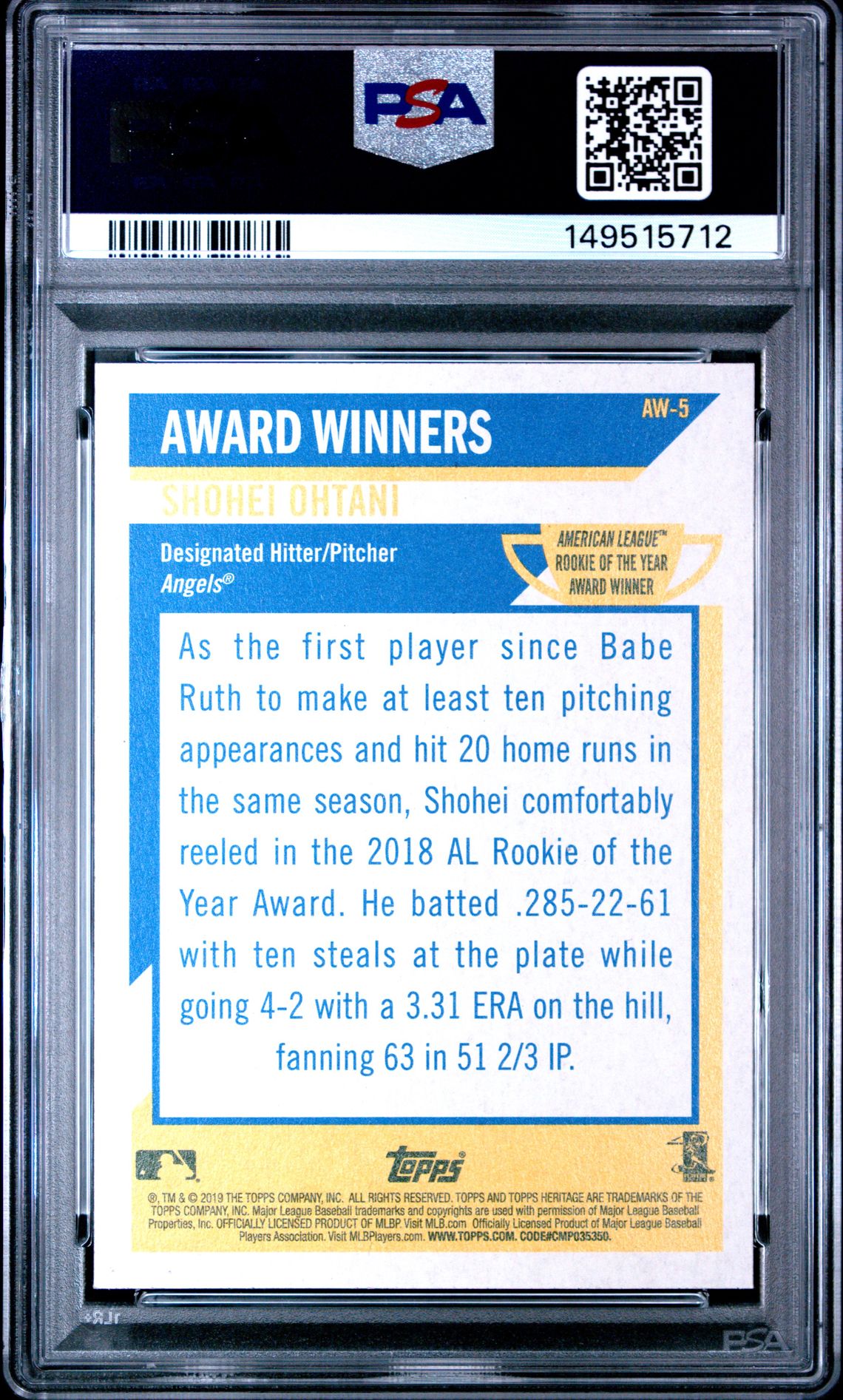 2019 Topps Heritage Award Winners Shohei Ohtani #Aw-5 (Award Winners) Gem Mt 10 back