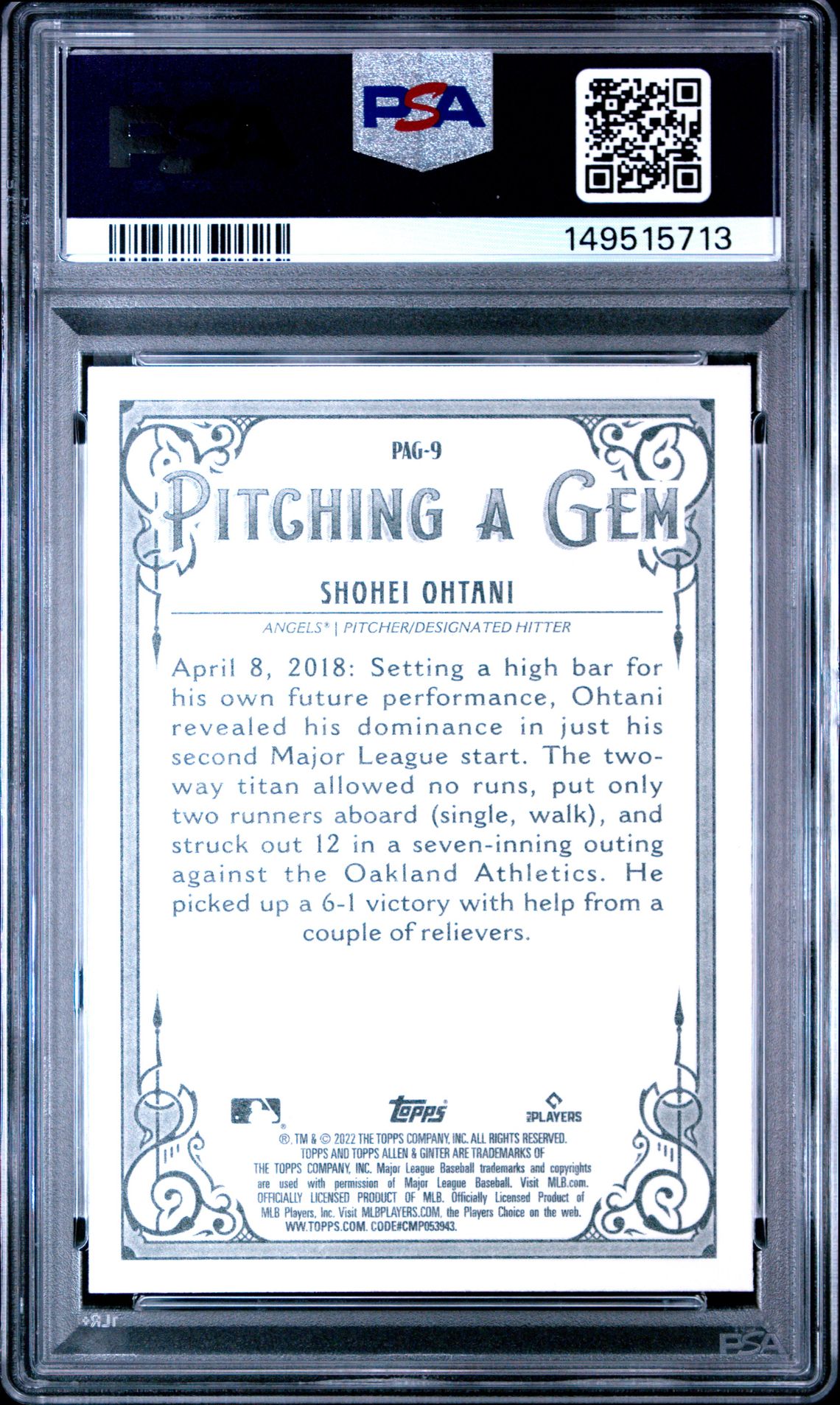 2022 Topps Allen & Ginter Pitching A Gem Shohei Ohtani #Pag9 (Pitching A Gem) Mint 9 back