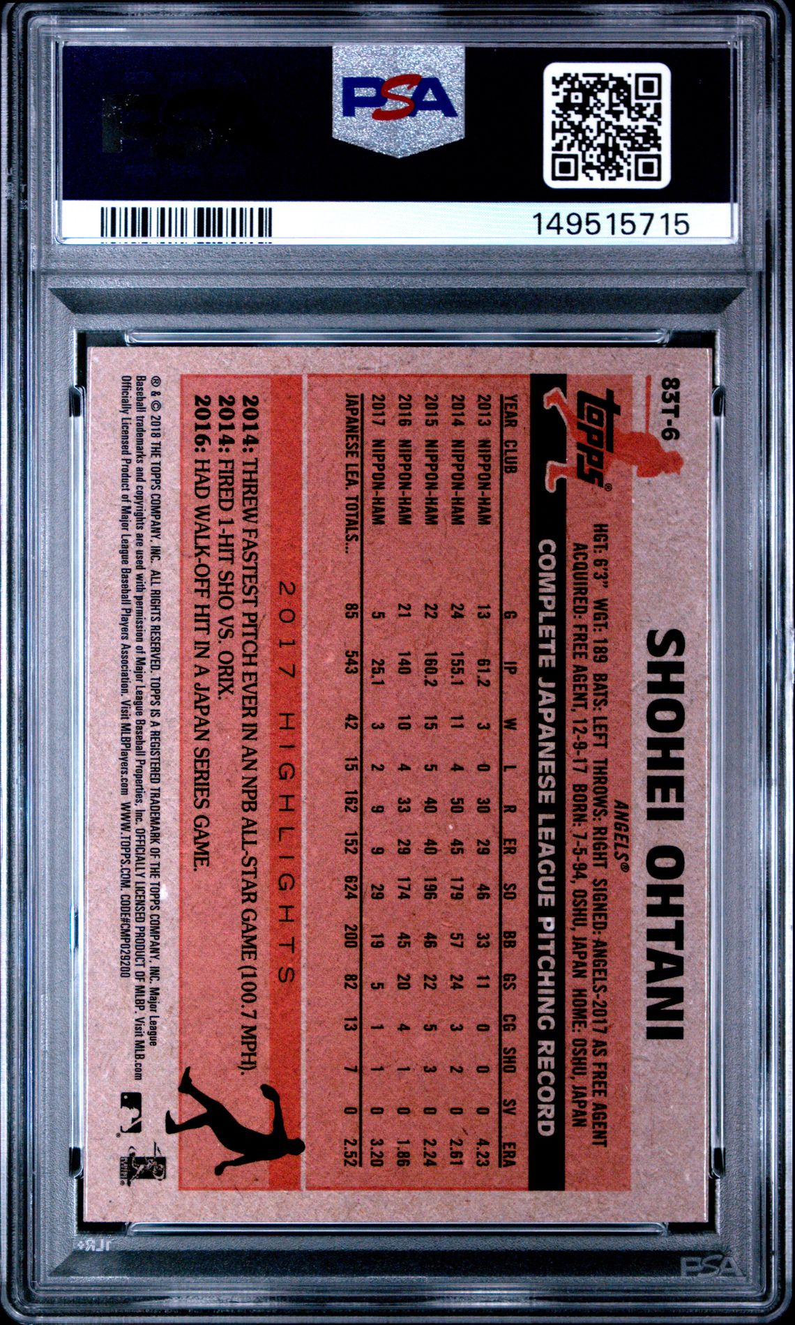 2018 Topps Chrome 1983 Topps Shohei Ohtani #83T-6 (1983 Topps) Mint 9 back