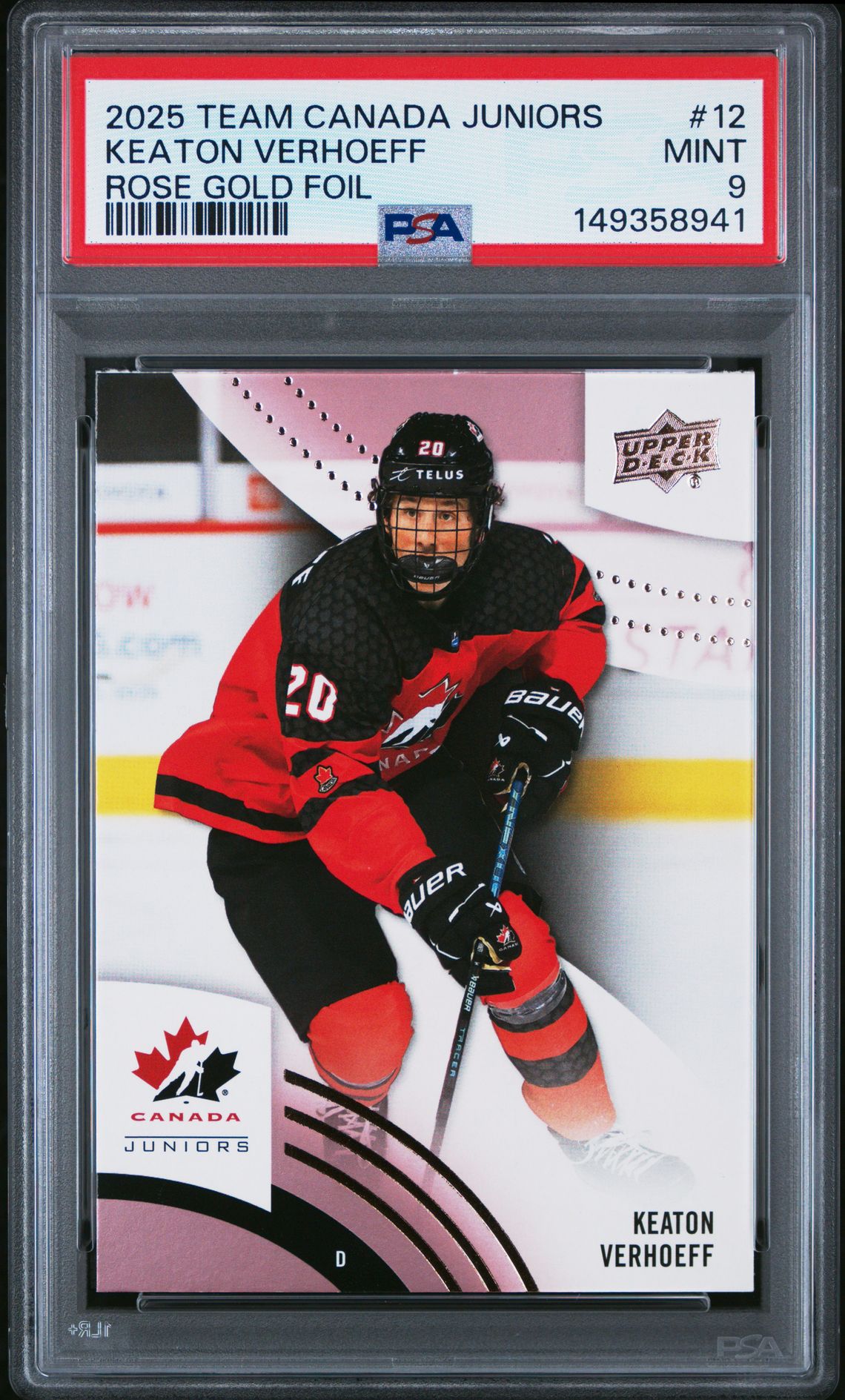 2025 Upper Deck UPPER DECK TEAM CANADA JUNIORS ROSE GOLD FOIL #12 Keaton Verhoeff front