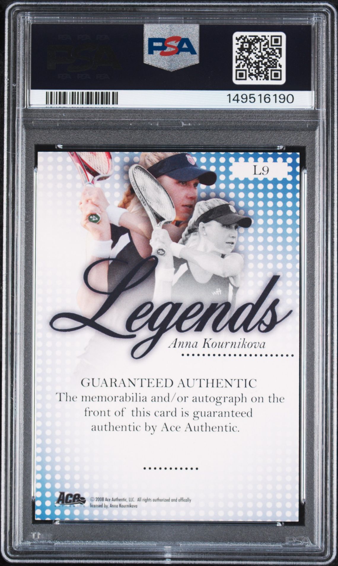 2008 Ace Authentic Match Point Legends Anna Kournikova #L9 (Match Pt Legends-Au) Mint 9 back