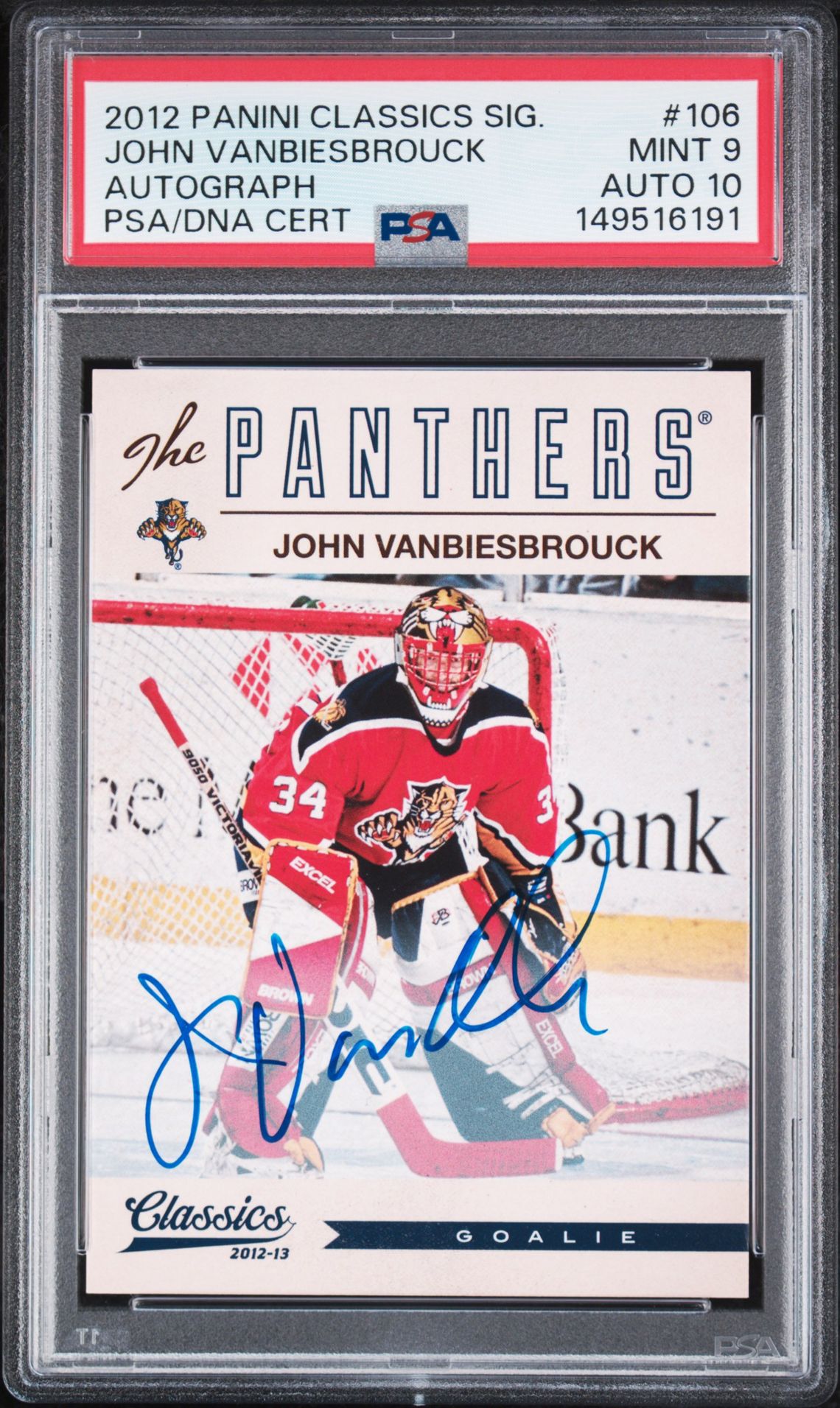2012 Panini Classics Signatures John Vanbiesbrouck #106 (Autograph) Mint 9 front