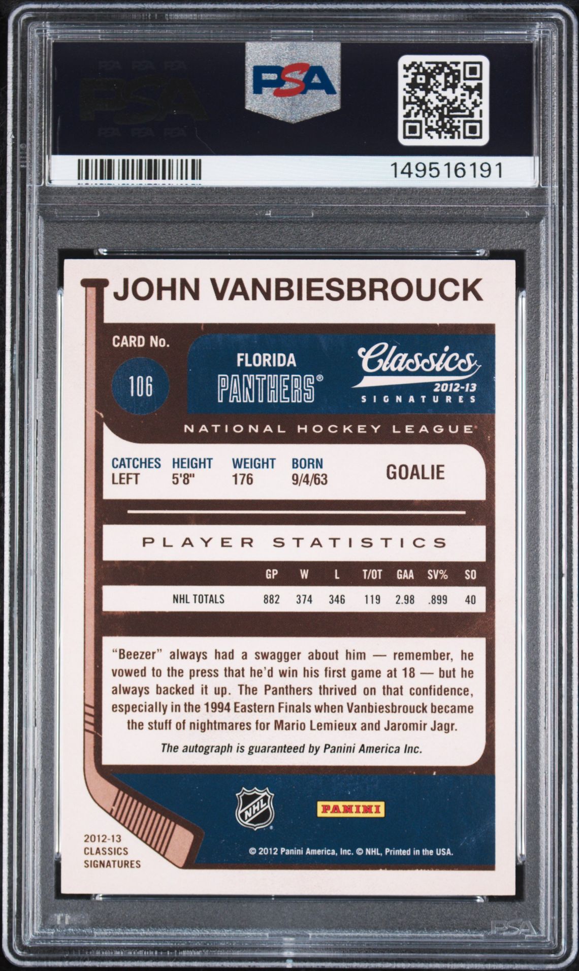 2012 Panini Classics Signatures John Vanbiesbrouck #106 (Autograph) Mint 9 back