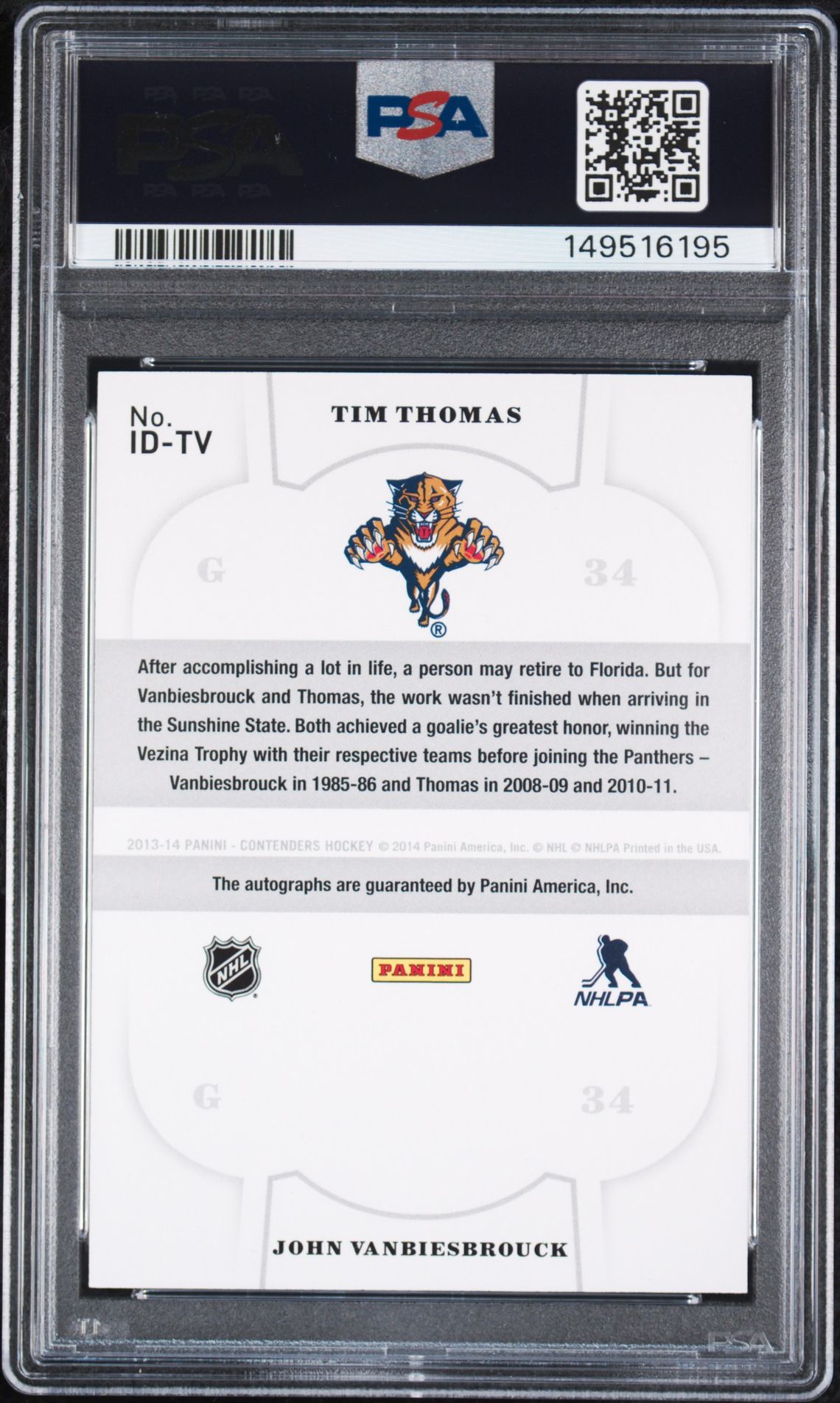 2013 Panini Contenders Nhl Ink Duals #Id-Tv (Nhl Ink Duals) Gem Mt 10 back