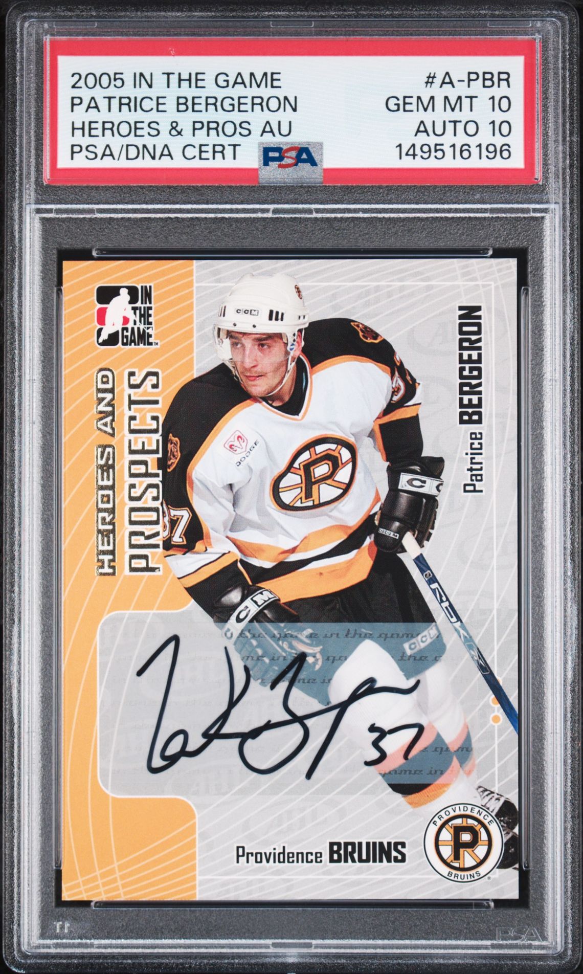 2005 Bap In The Game Heroes & Prospects Autographs Patrice Bergeron #A-Pbr (Heroes & Pros Au) Gem Mt 10 front view - PSA graded GEM MT 10