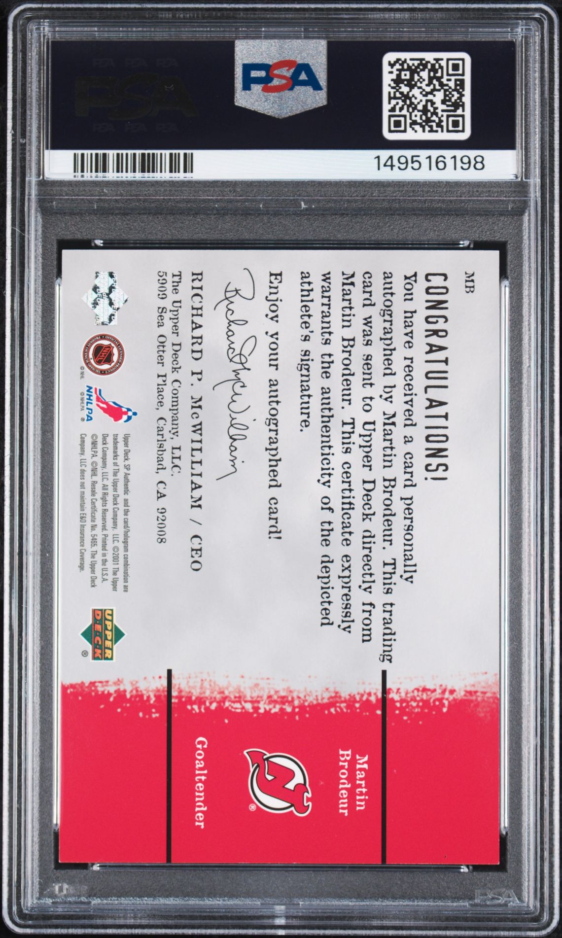 2000 Sp Authentic Sign Of The Times Martin Brodeur #Mb (Sign Of The Times) Nm-Mt 8 back