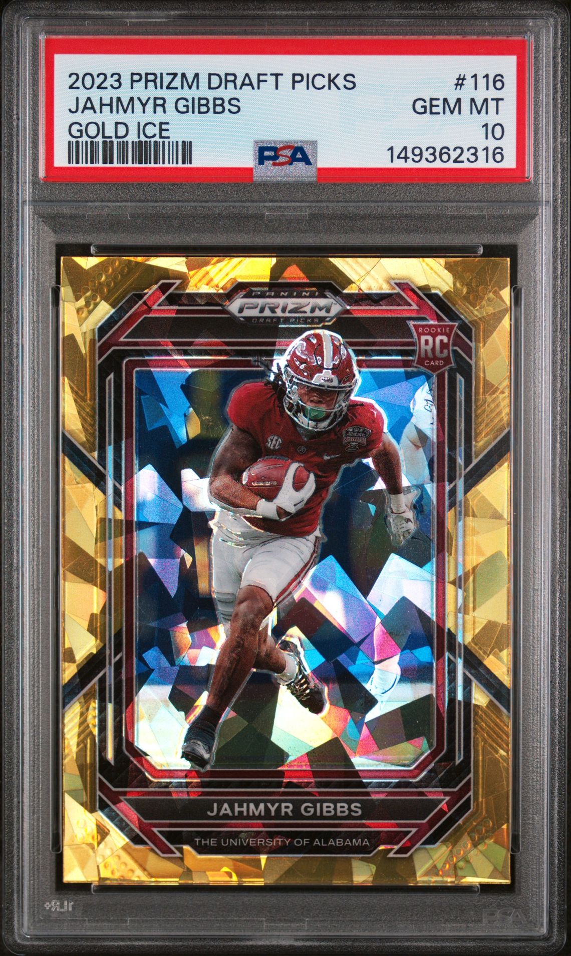 2023 Panini Prizm Draft Picks Jahmyr Gibbs #116 (Gold Ice) Gem Mt 10 front view - PSA graded GEM MT 10
