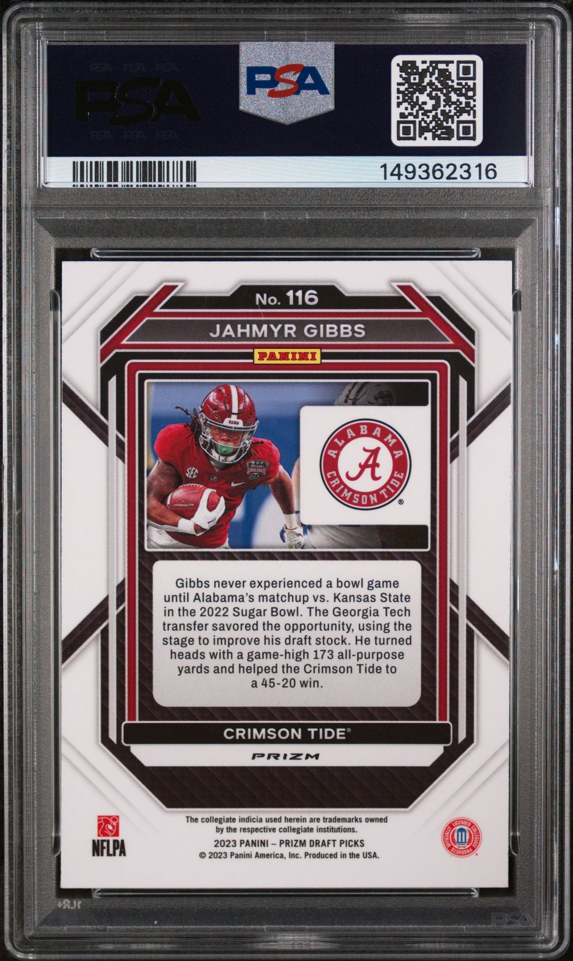 2023 Panini Prizm Draft Picks Jahmyr Gibbs #116 (Gold Ice) Gem Mt 10 back view - PSA certificate #149362316