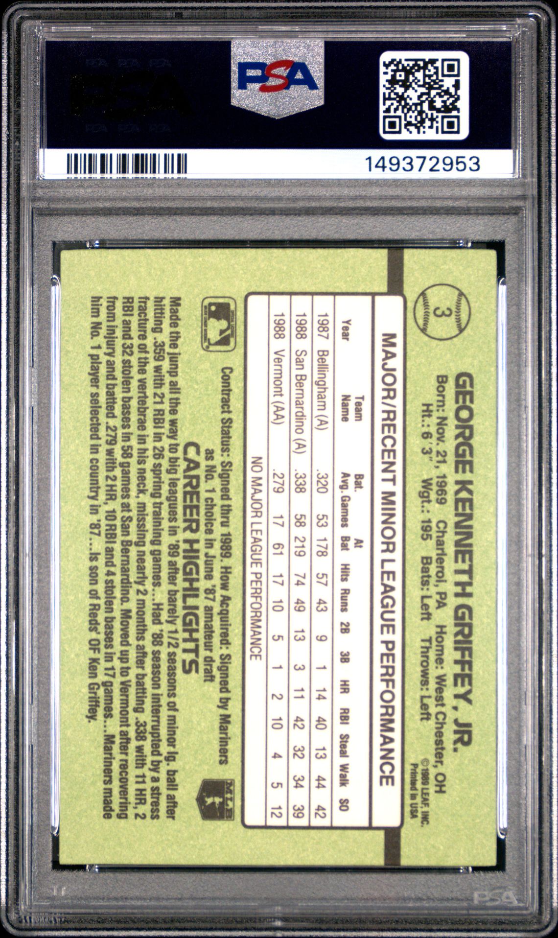 1989 Donruss Rookies Ken Griffey Jr. #3 Ex-Mt 6 back